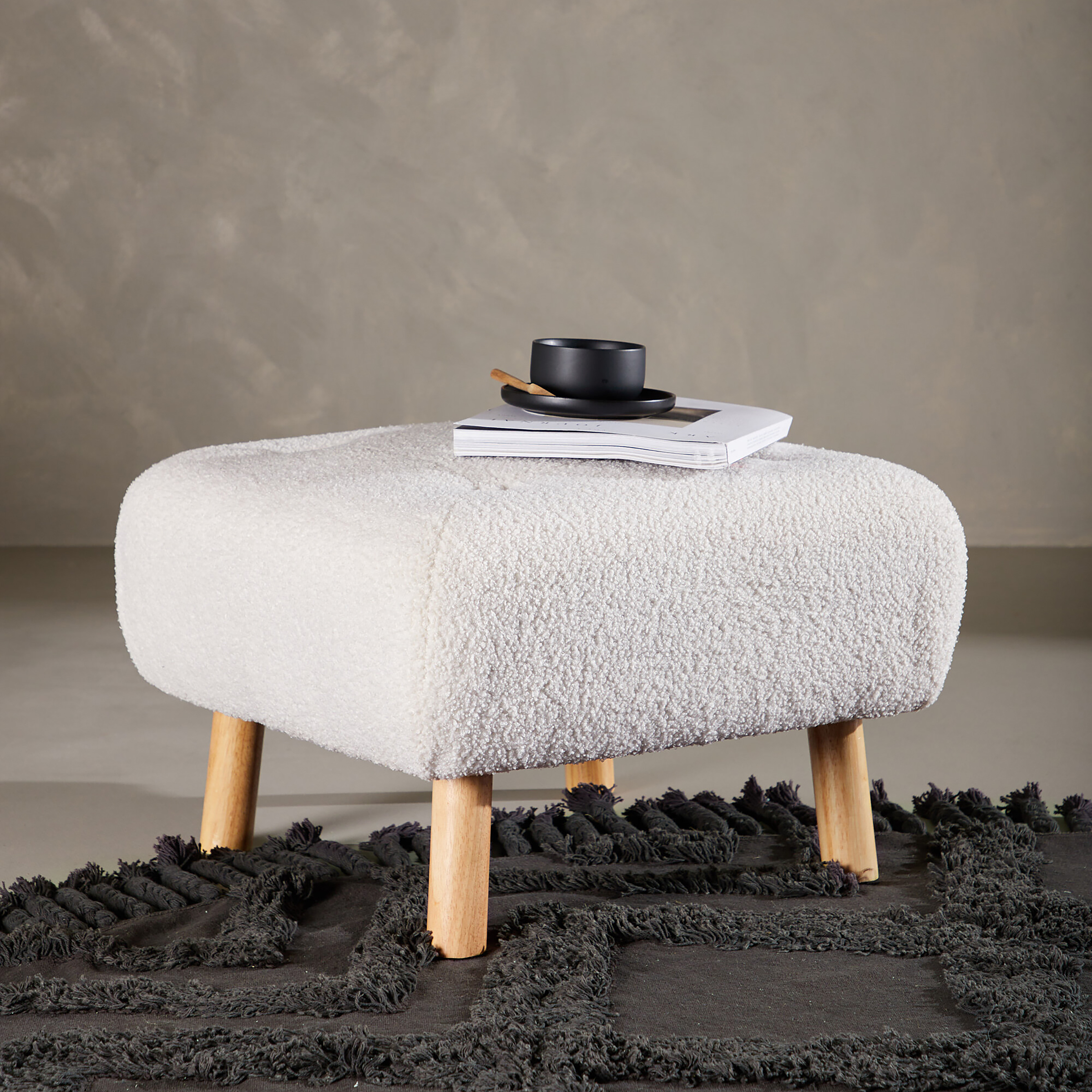 Salina Upholstered Ottoman Teddy Fabric White