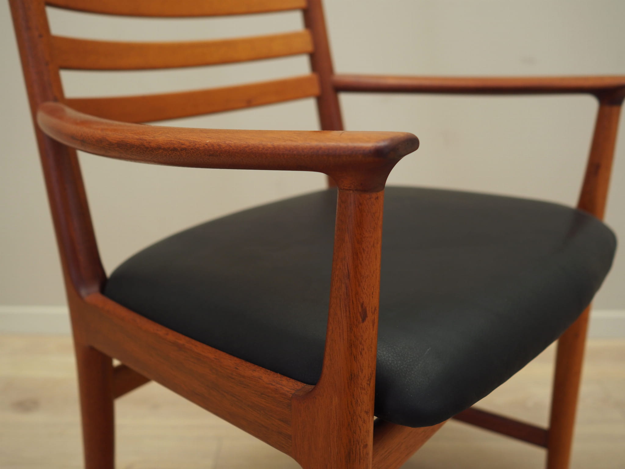 Vintage armchair Teak wood Leather Brown 1970s