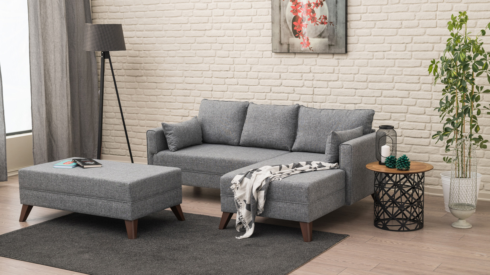 Schlafsofa Récamiere Rechts & Hocker Polyester Holz Grau