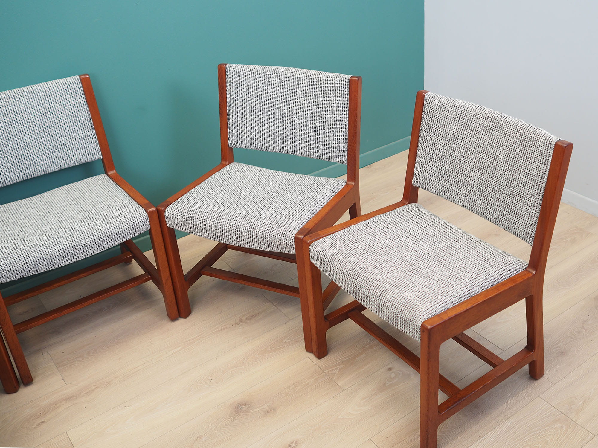 5x Vintage Chair Teak Wood Textile Grey 1970s