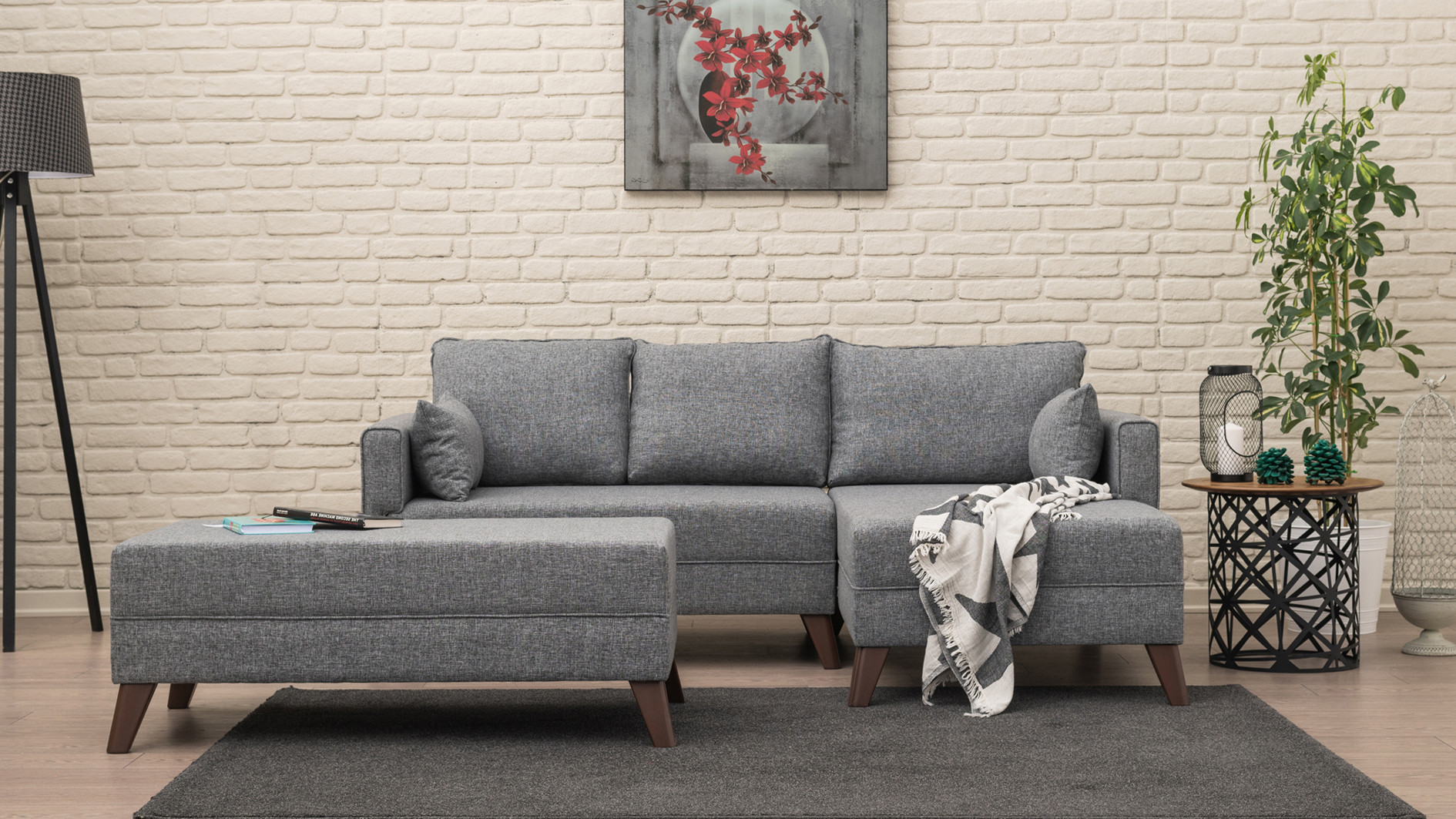 Schlafsofa Récamiere Rechts & Hocker Polyester Holz Grau