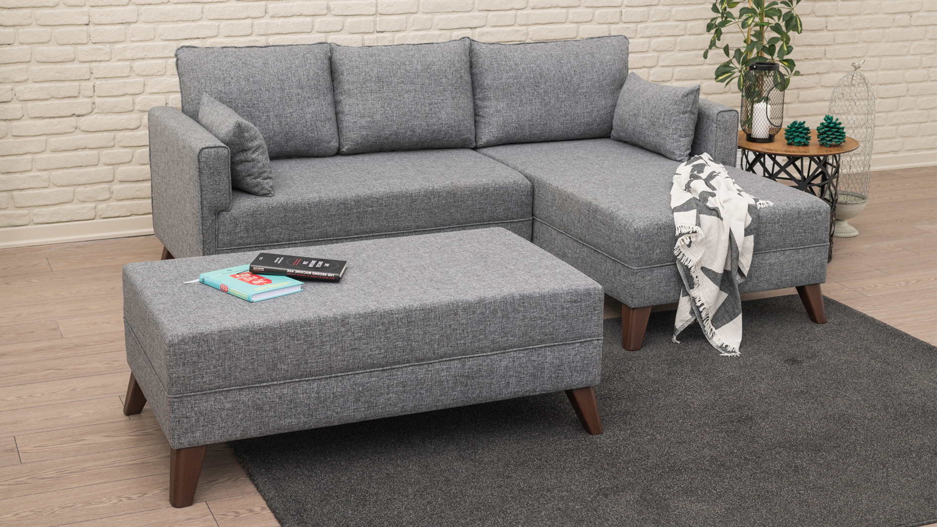 Schlafsofa Récamiere Rechts & Hocker Polyester Holz Grau