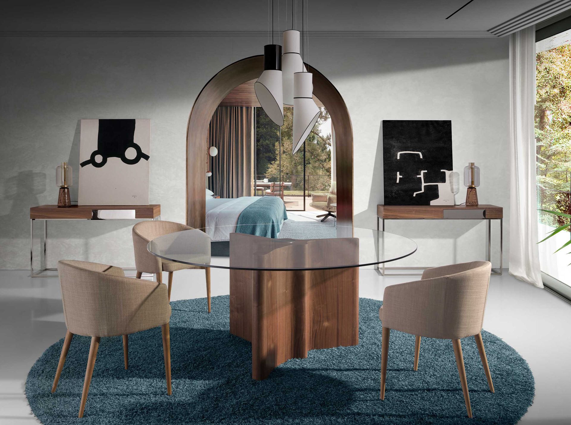 Console table walnut veneer stainless steel brown