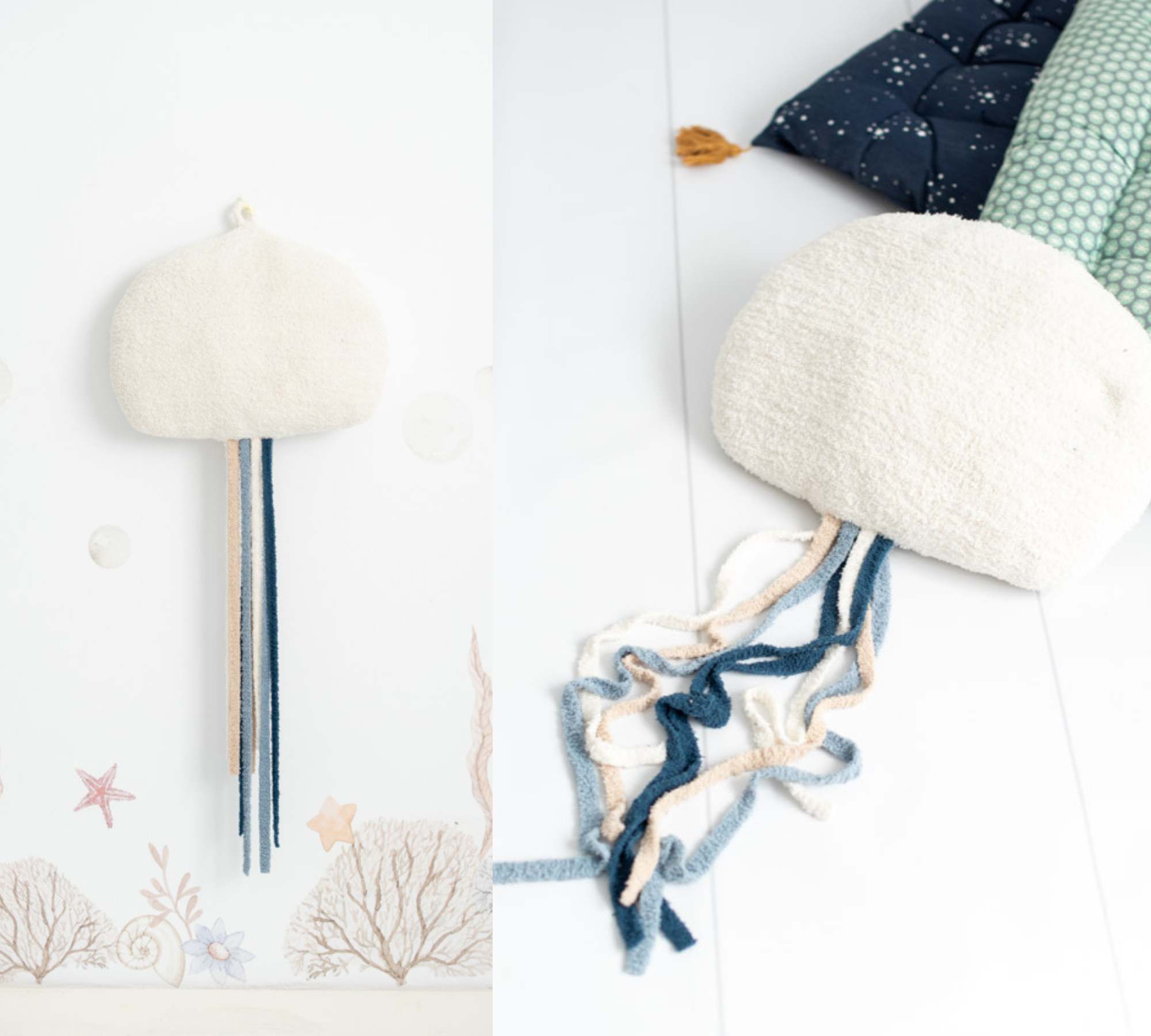 2x Jellyfish & Mini Octopus Plush toy Cotton Blue White