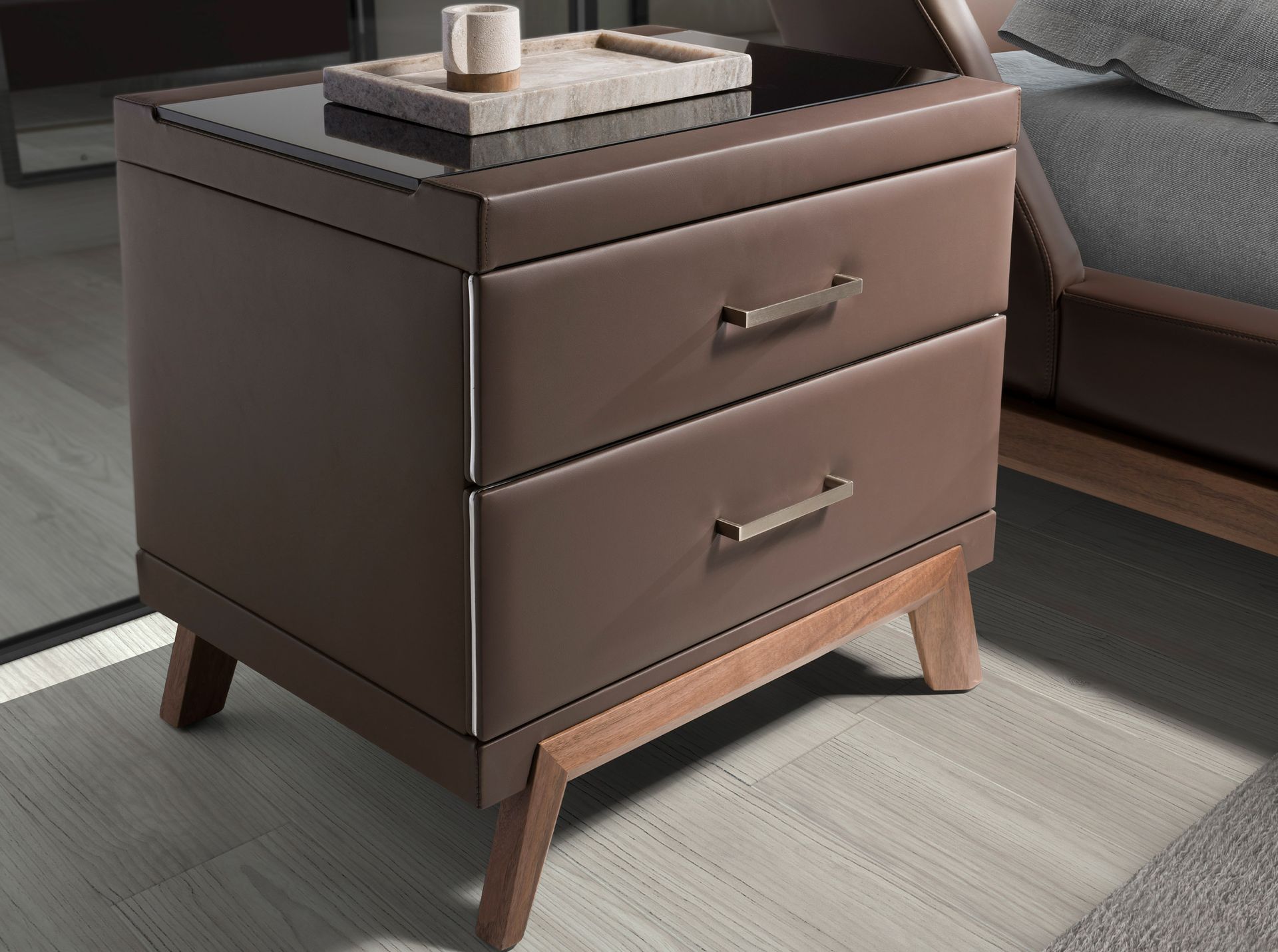 Nightstand Faux Leather with Glass Top