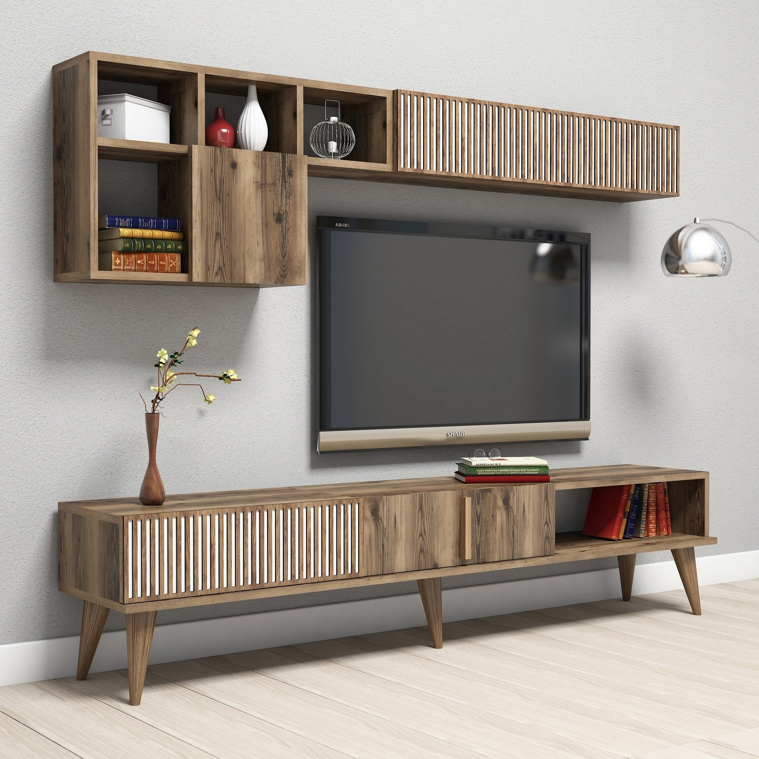 Milan lowboard with wall shelf walnut brown