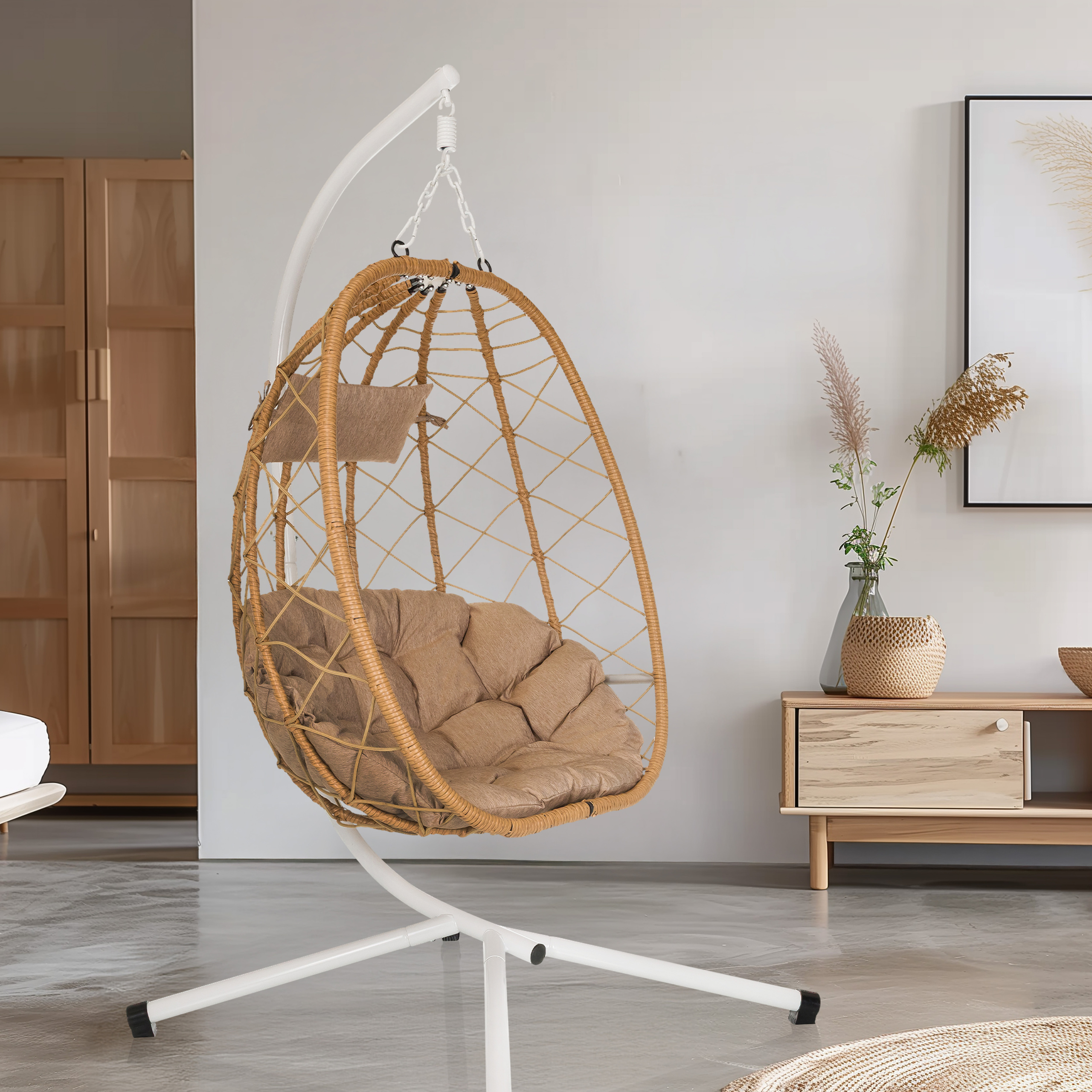 Cocova Hanging Chair with Frame & Pillow Beige