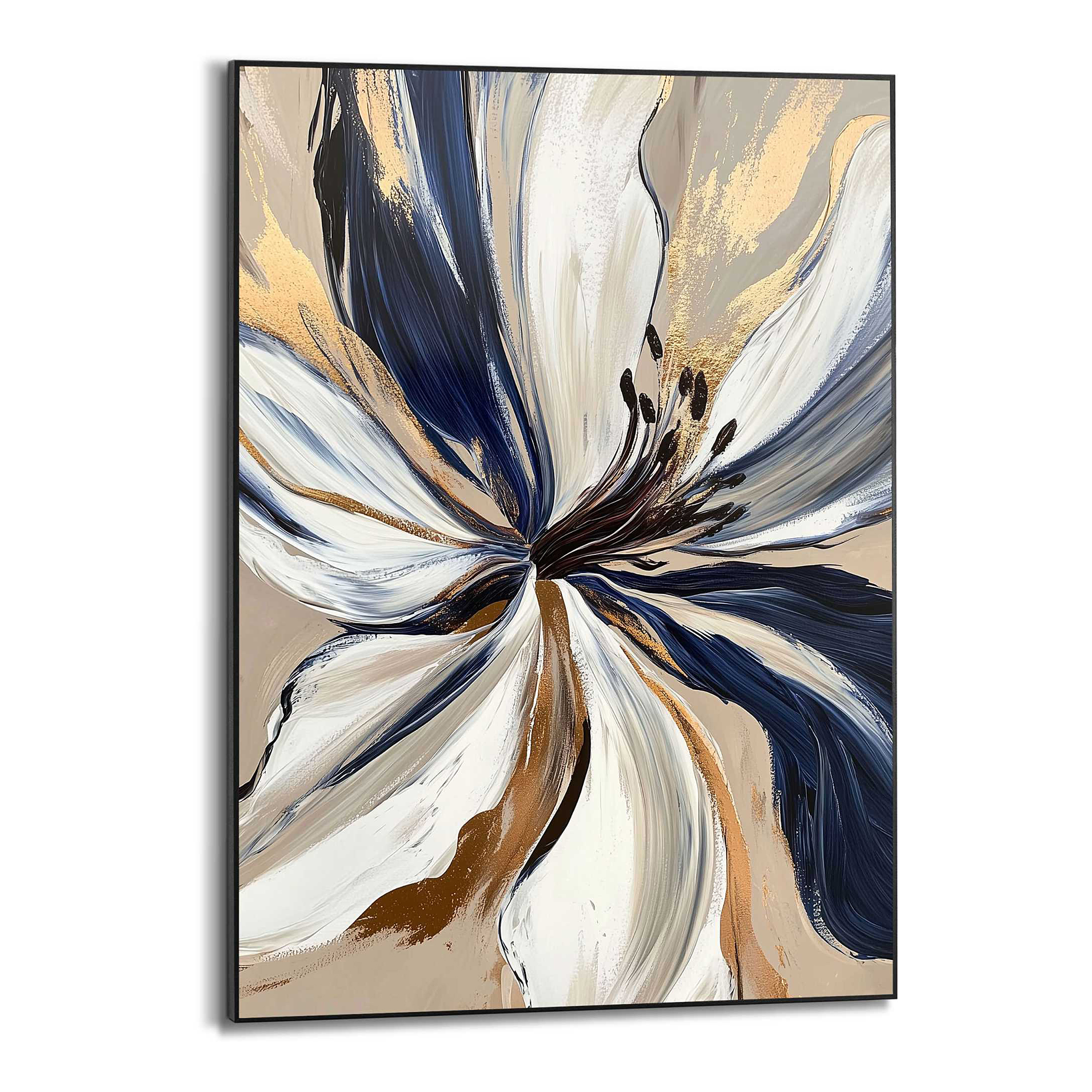 Glamour Flower Kunstdruck MDF Glas Schwarz Beige