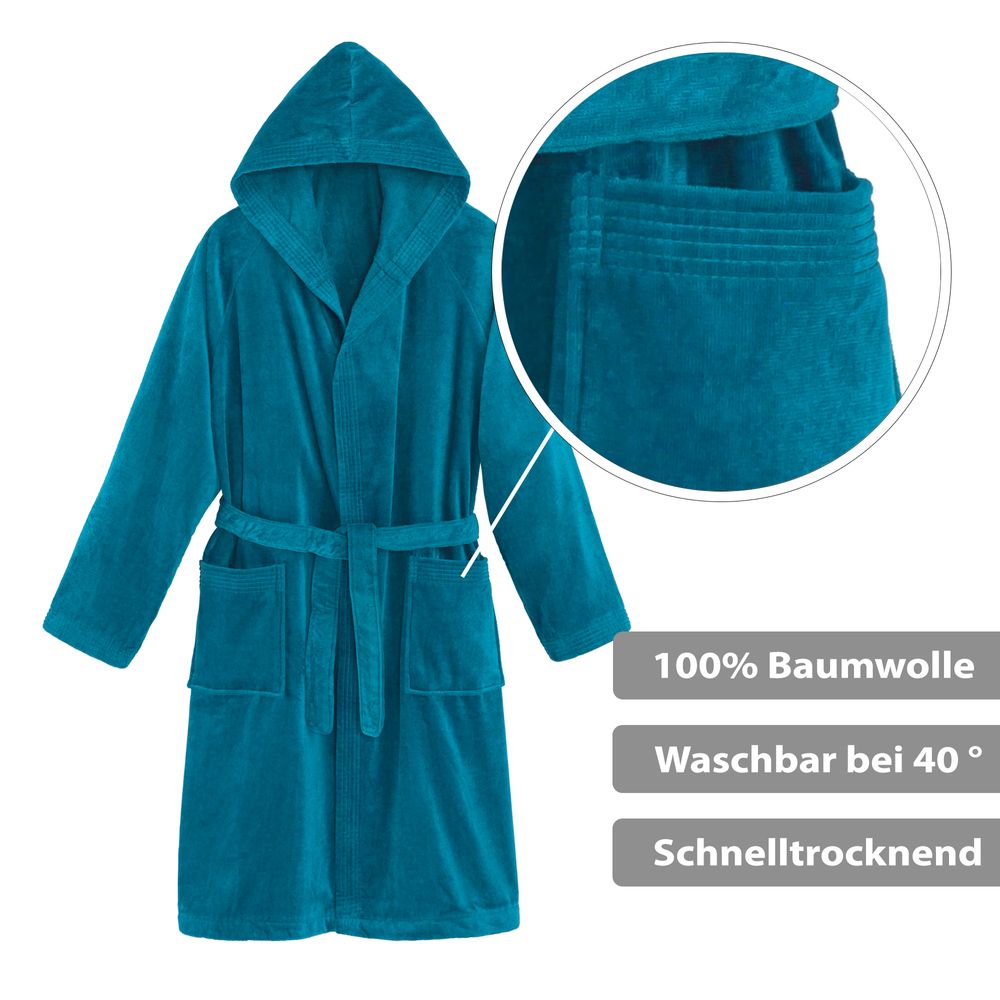 Unisex Bademantel Baumwolle mit Kapuze Petrol Small