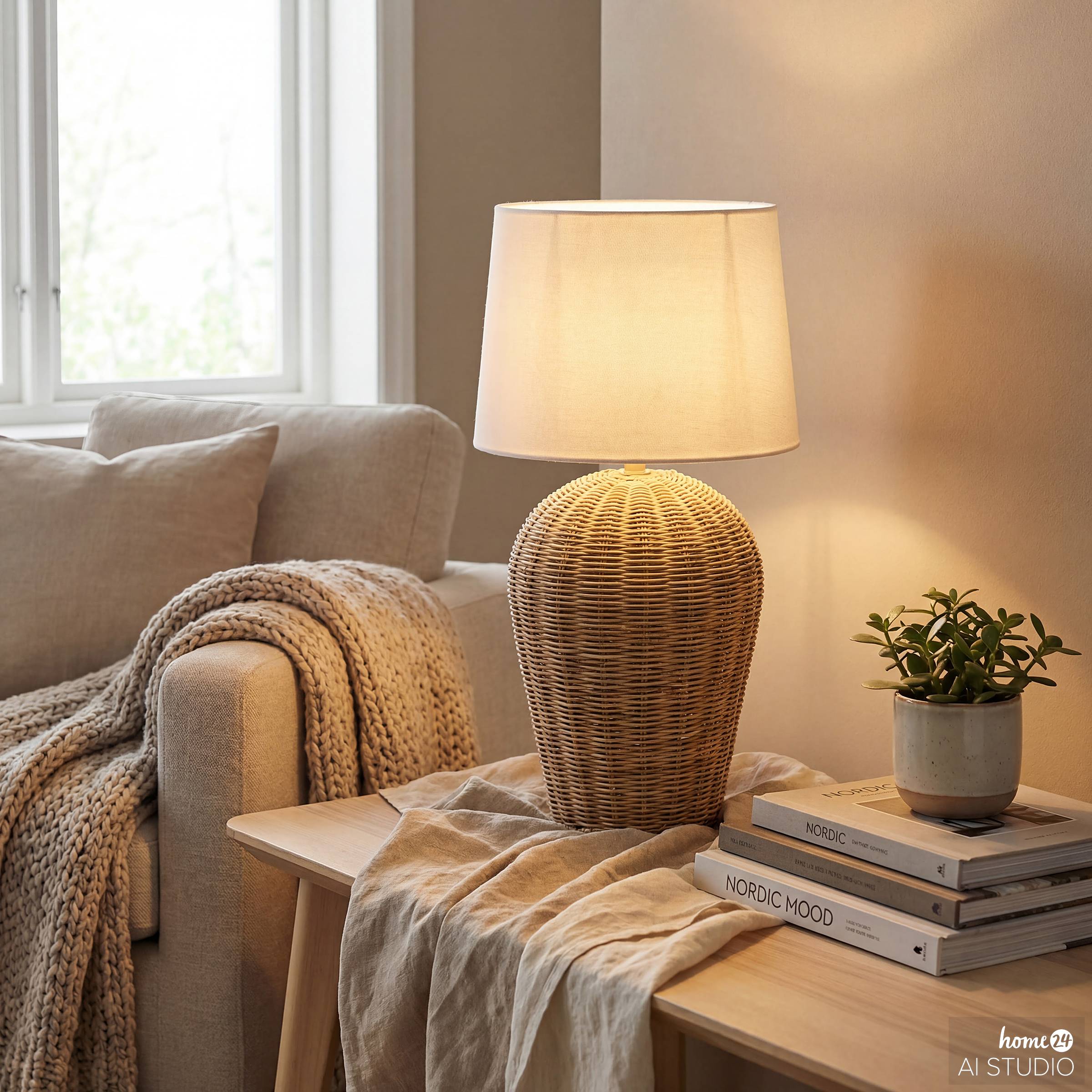 Basra Tischleuchte 1-flammig Leinen Rattan