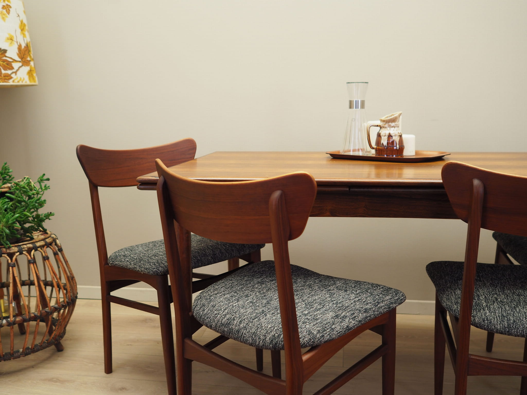 4x Vintage Dining Chair Teak Wood Textile Brown 1970s