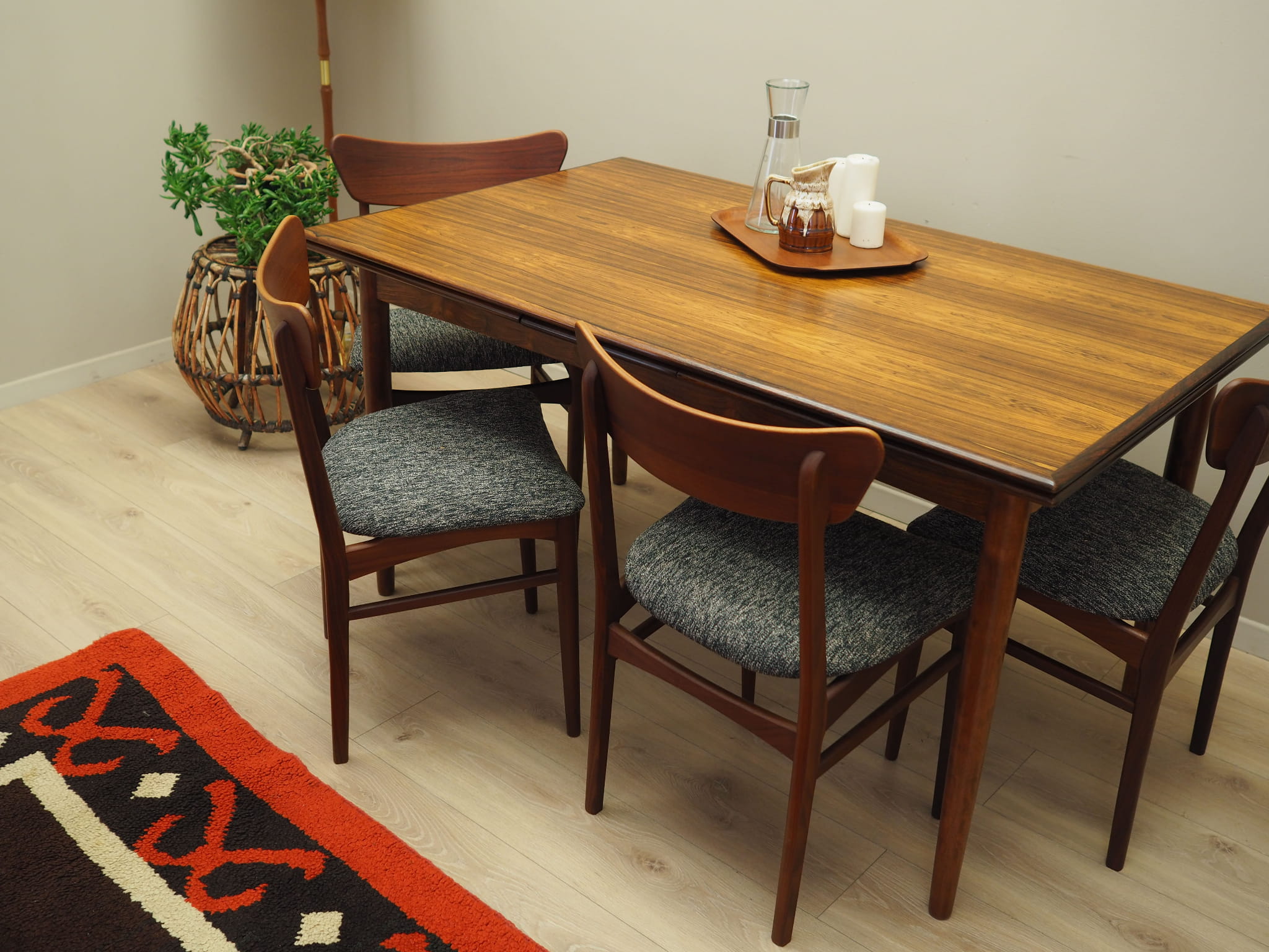 4x Vintage Dining Chair Teak Wood Textile Brown 1970s