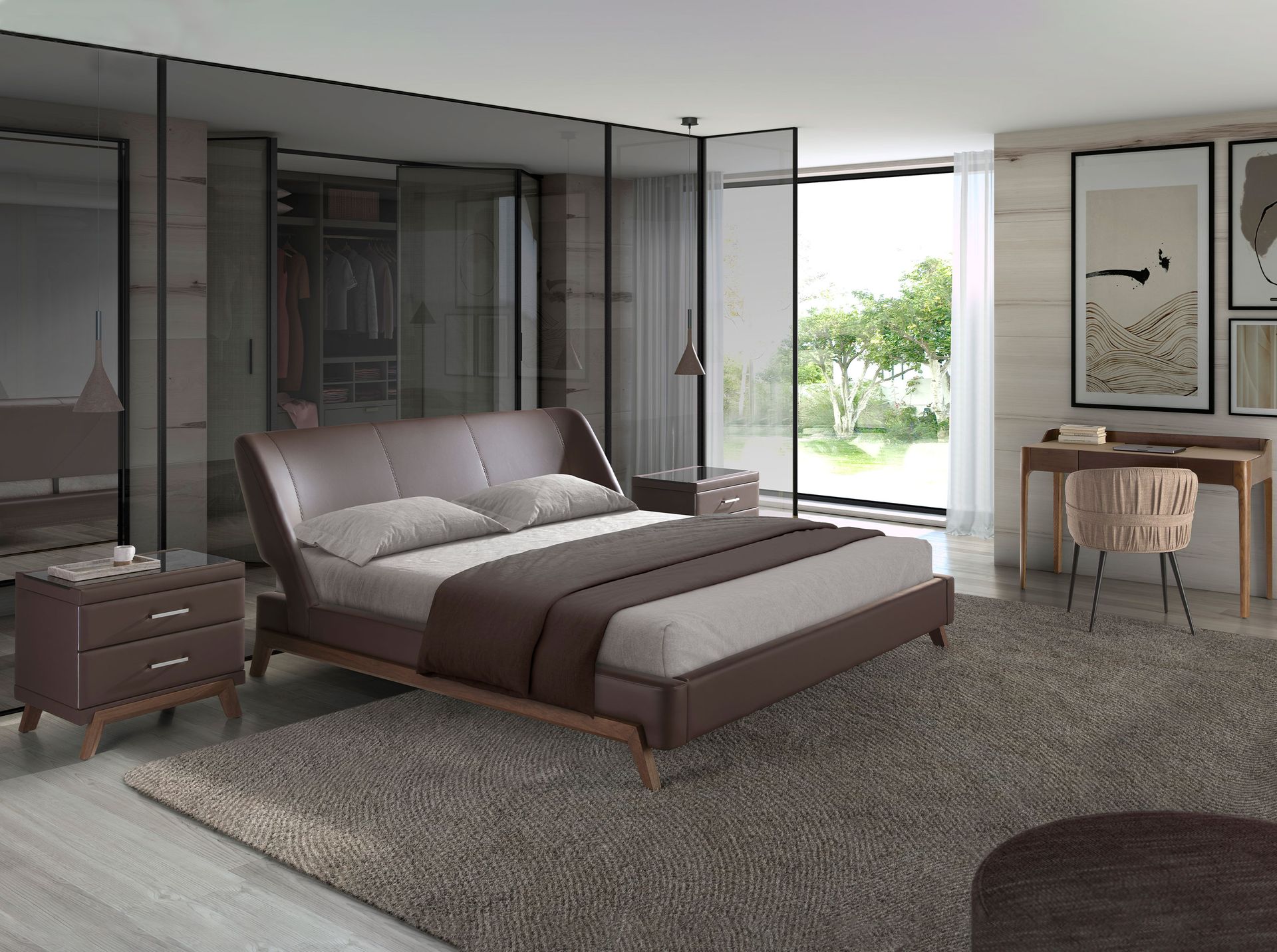 Nightstand Faux Leather with Glass Top