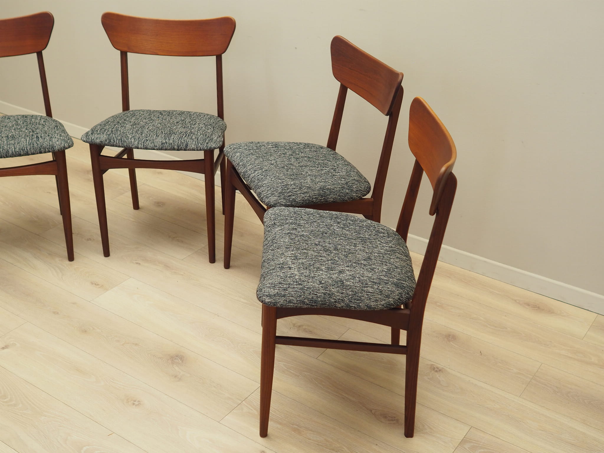 4x Vintage Dining Chair Teak Wood Textile Brown 1970s