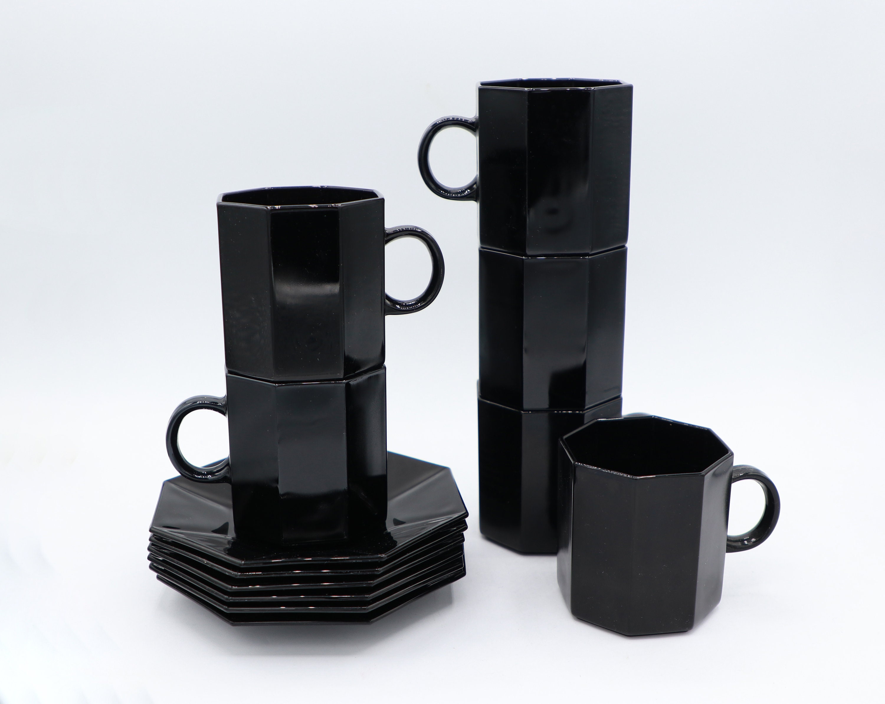 6x Octime Kaffeetasse mit Unterteller Schwarz 1980er Jahre