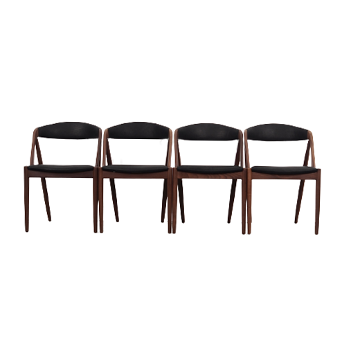4x Vintage Chair Teak Wood Textile Black 1970s