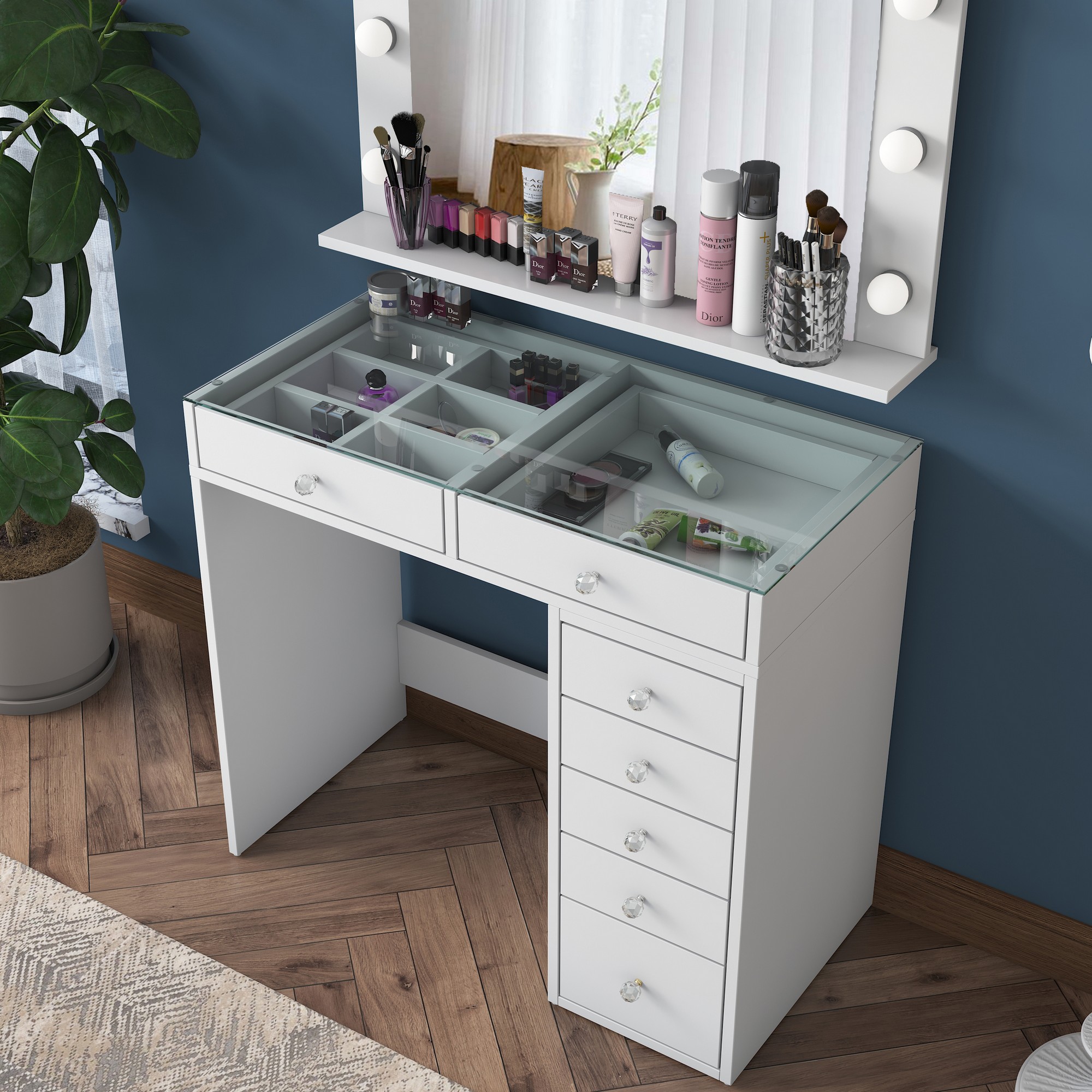 Dressing table with mirror and drawers White