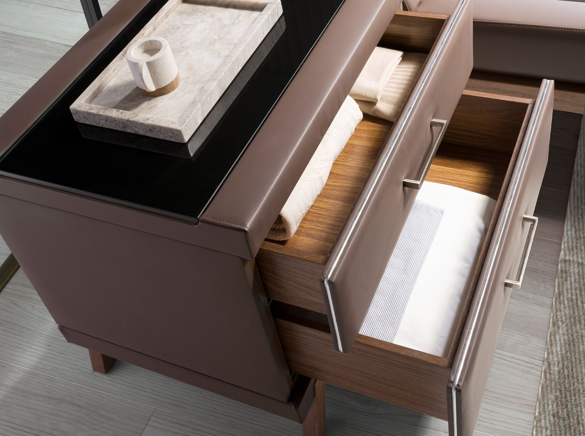 Nightstand Faux Leather with Glass Top