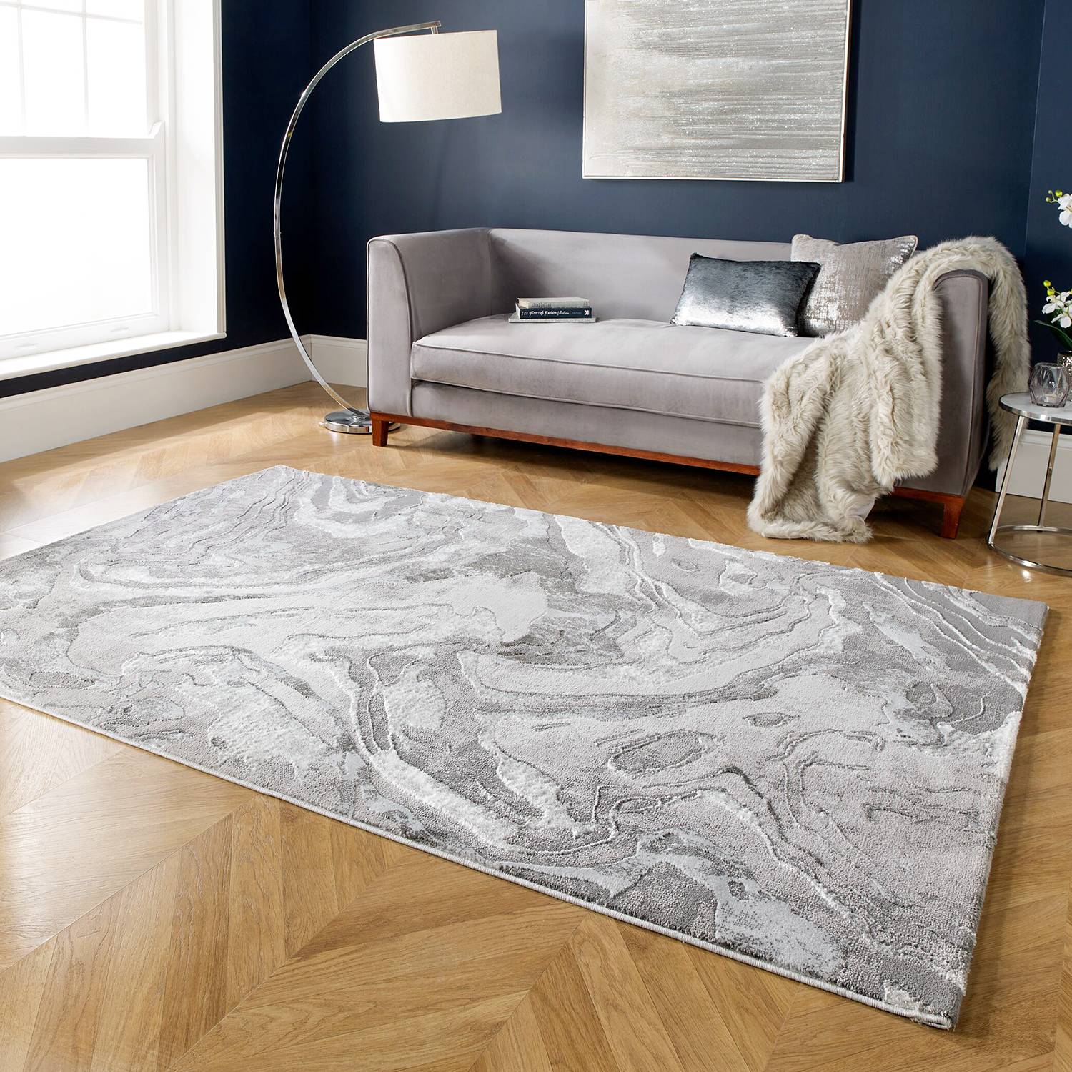 Marbled Short Pile Rug Silver 80 x 150 cm