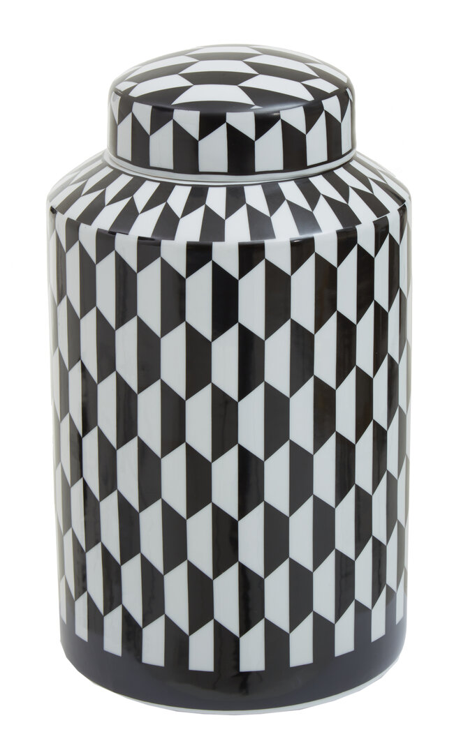 Marlo Piccola Scatola in Ceramica con Stampa Geometrica Nero Bianco