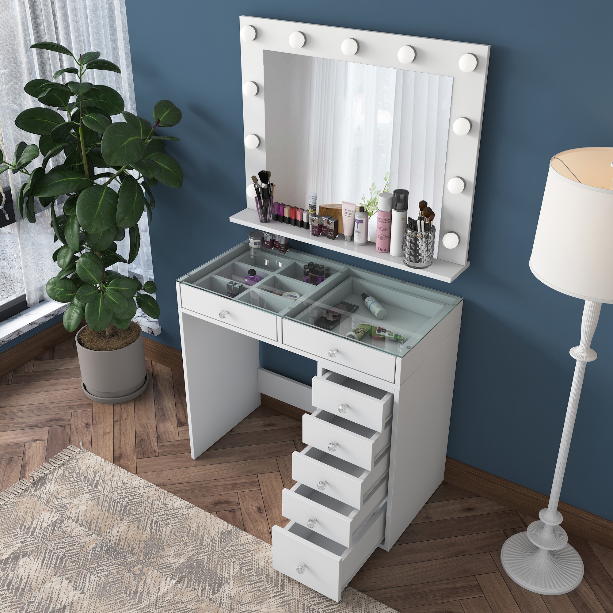 Dressing table with mirror and drawers White