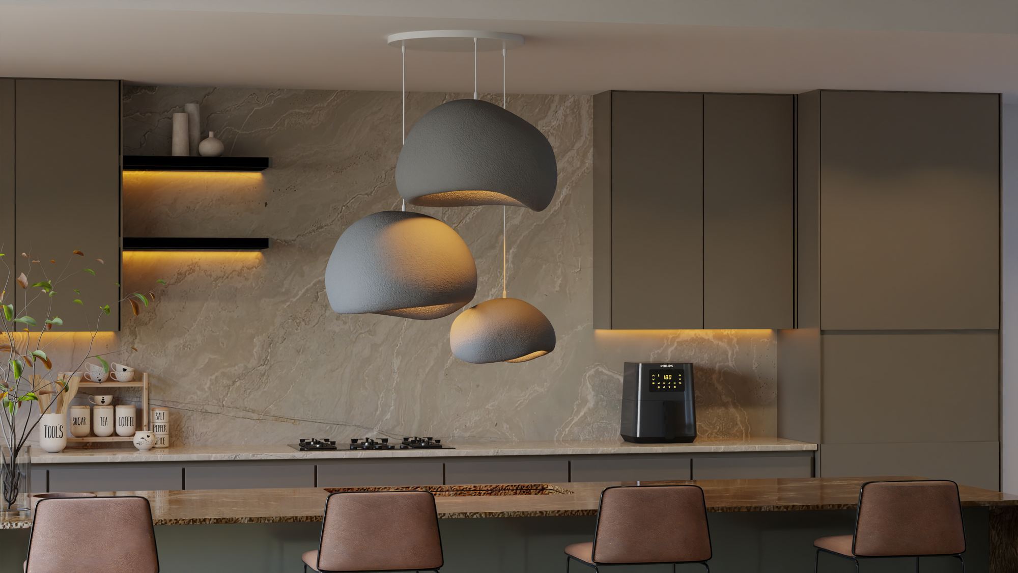3-Flammig Wabi Sabi Ashveils Pendelleuchte Beton Grau