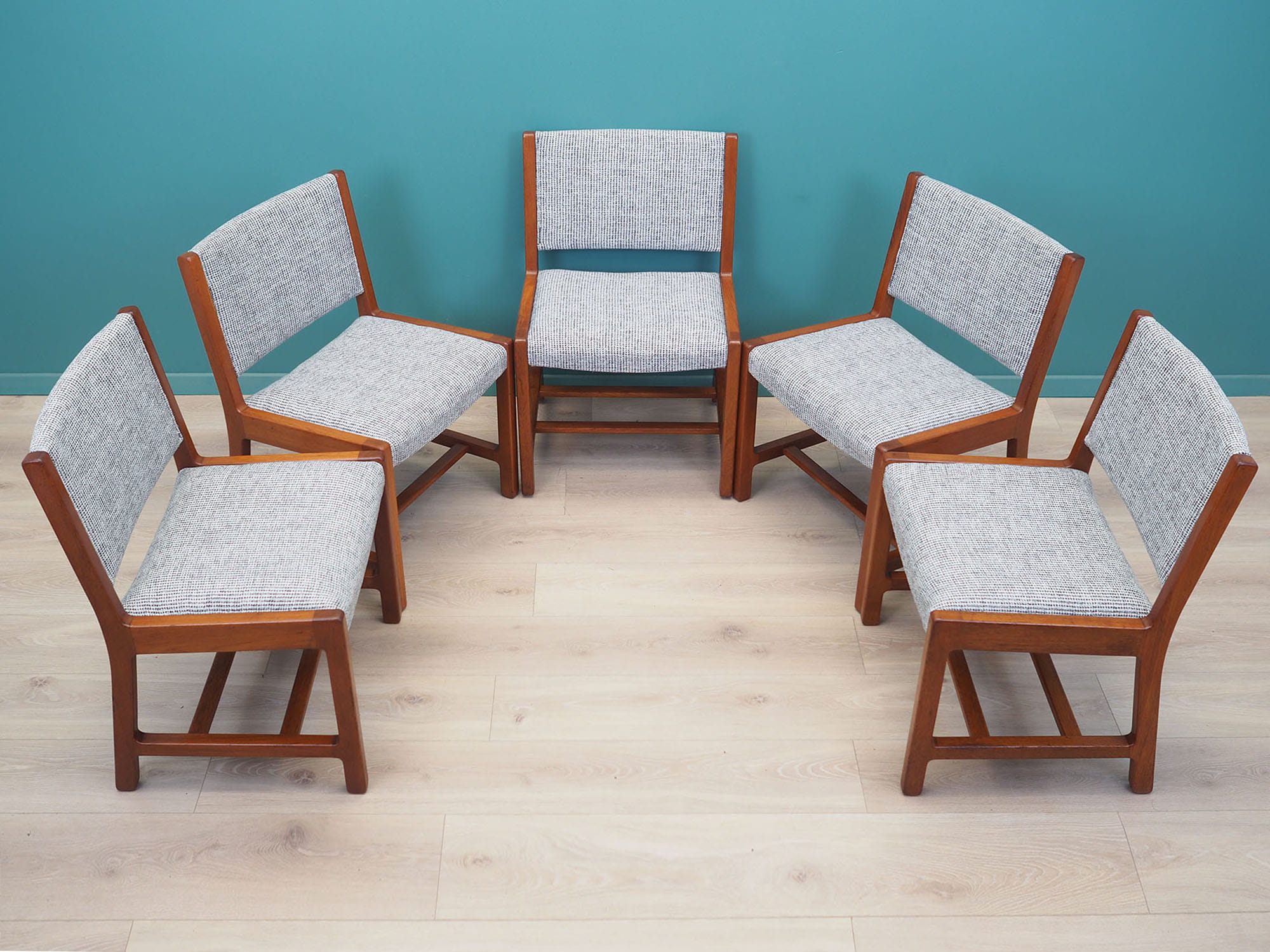 5x Vintage Chair Teak Wood Textile Grey 1970s