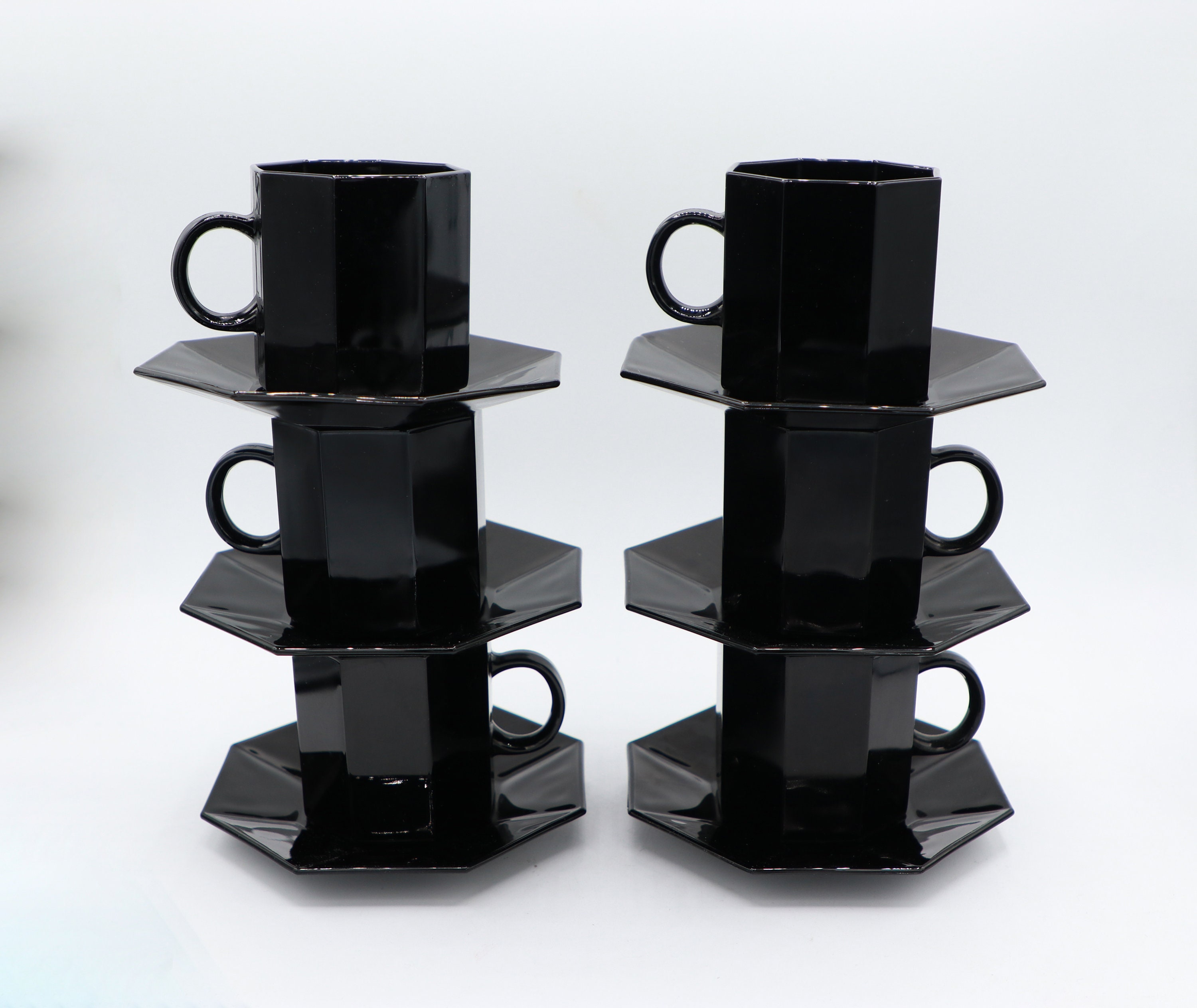 6x Octime Kaffeetasse mit Unterteller Schwarz 1980er Jahre