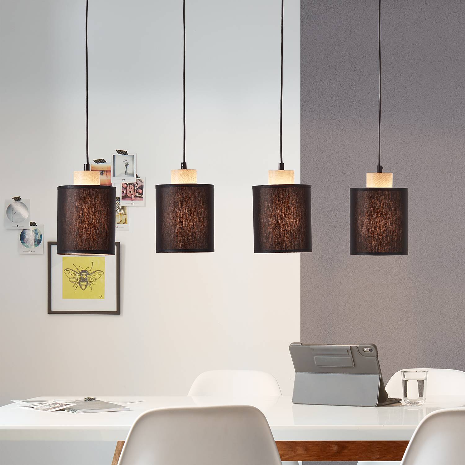 4-flame pendant lamp Vonnie Mixed fabric Steel Black
