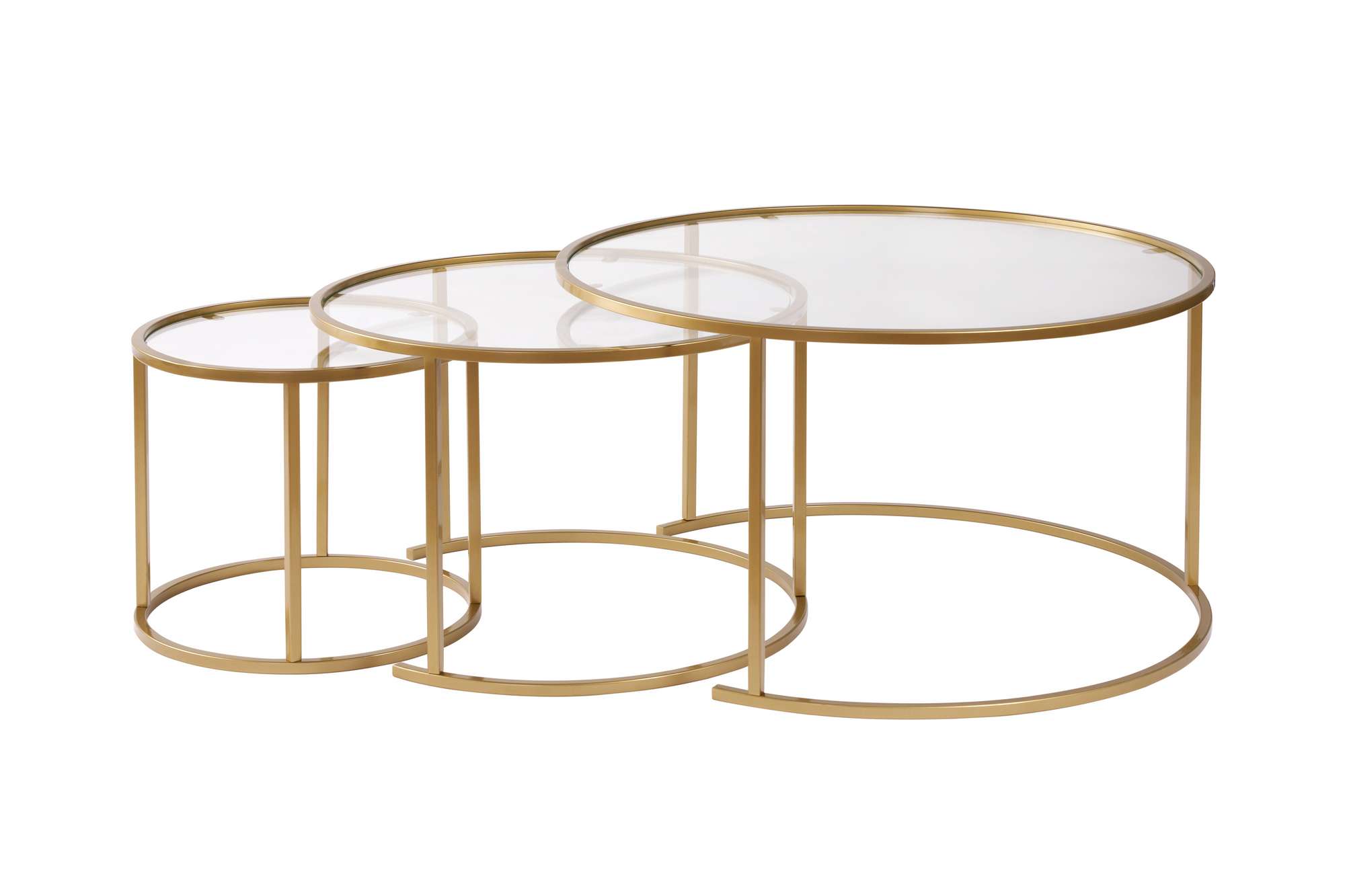 3x Gold Coffee Table Set Gold Transparent Ø80cm Ø60cm Ø42cm