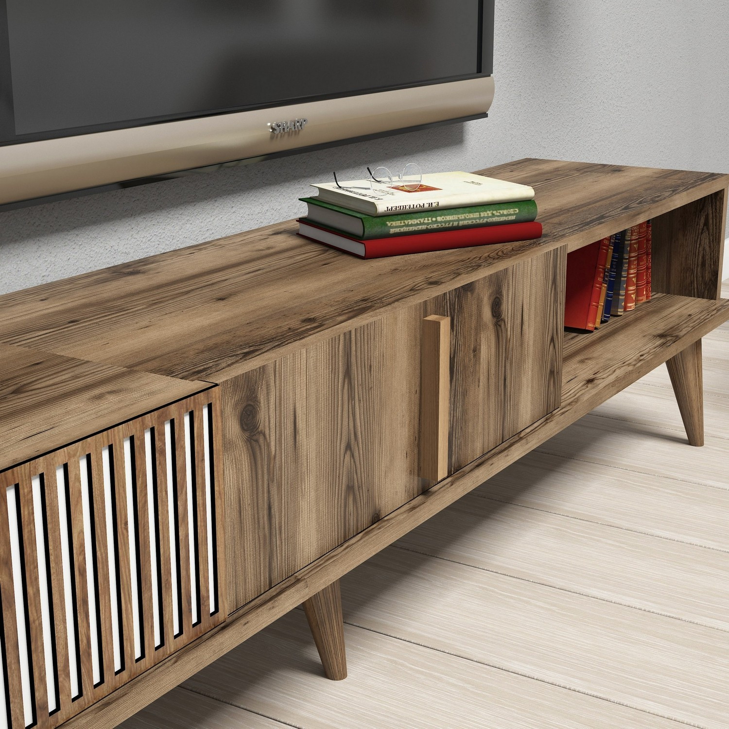 Milan lowboard with wall shelf walnut brown