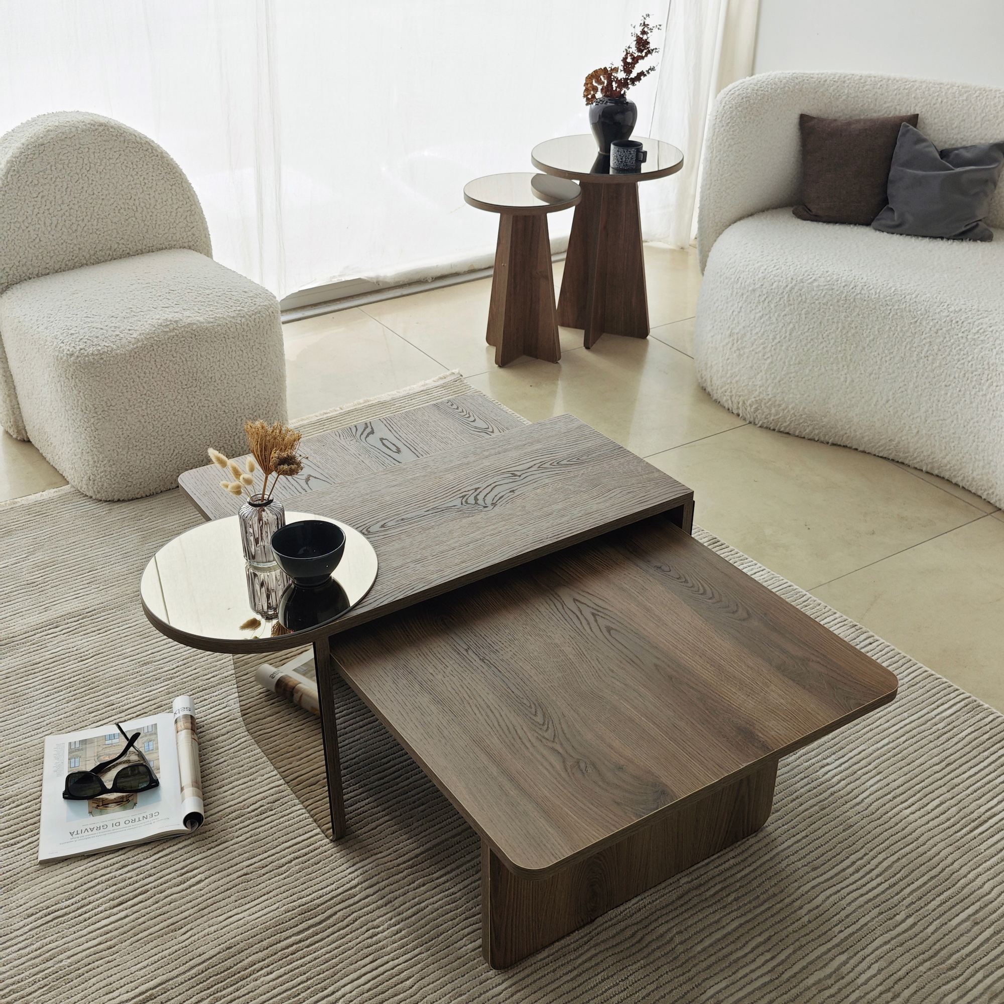2x Luna Side Table + Coffee Table Walnut Look Brown