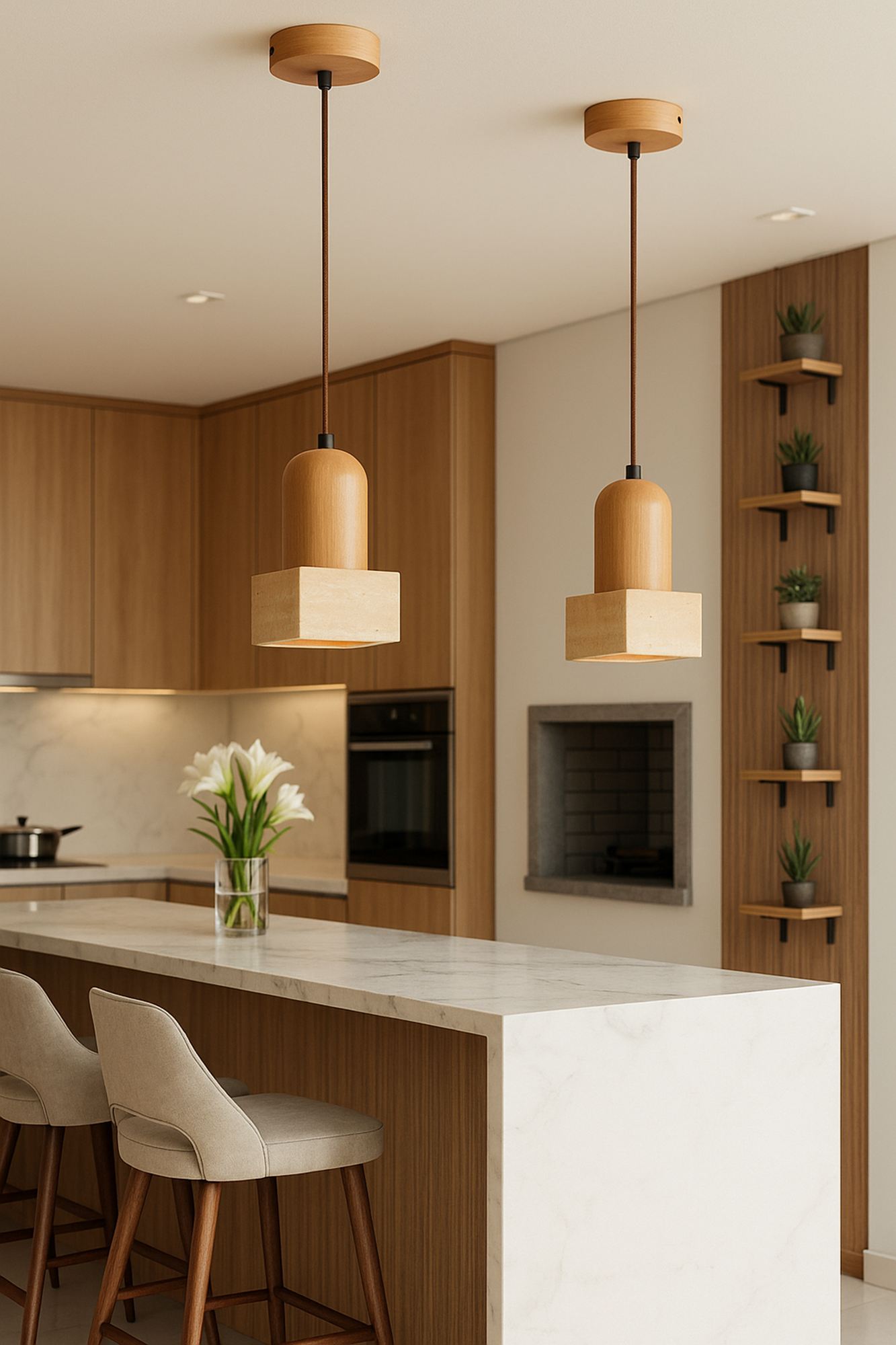 Suala Pendant Light Oak Wood Travertine Natural
