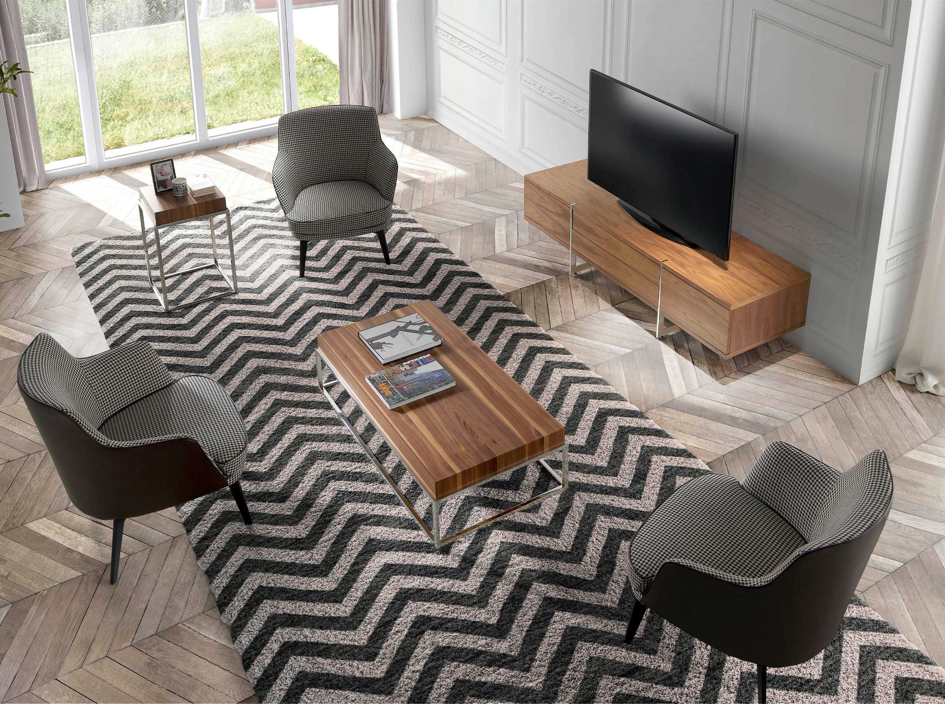 Lowboard Wood veneer Chrome-plated steel