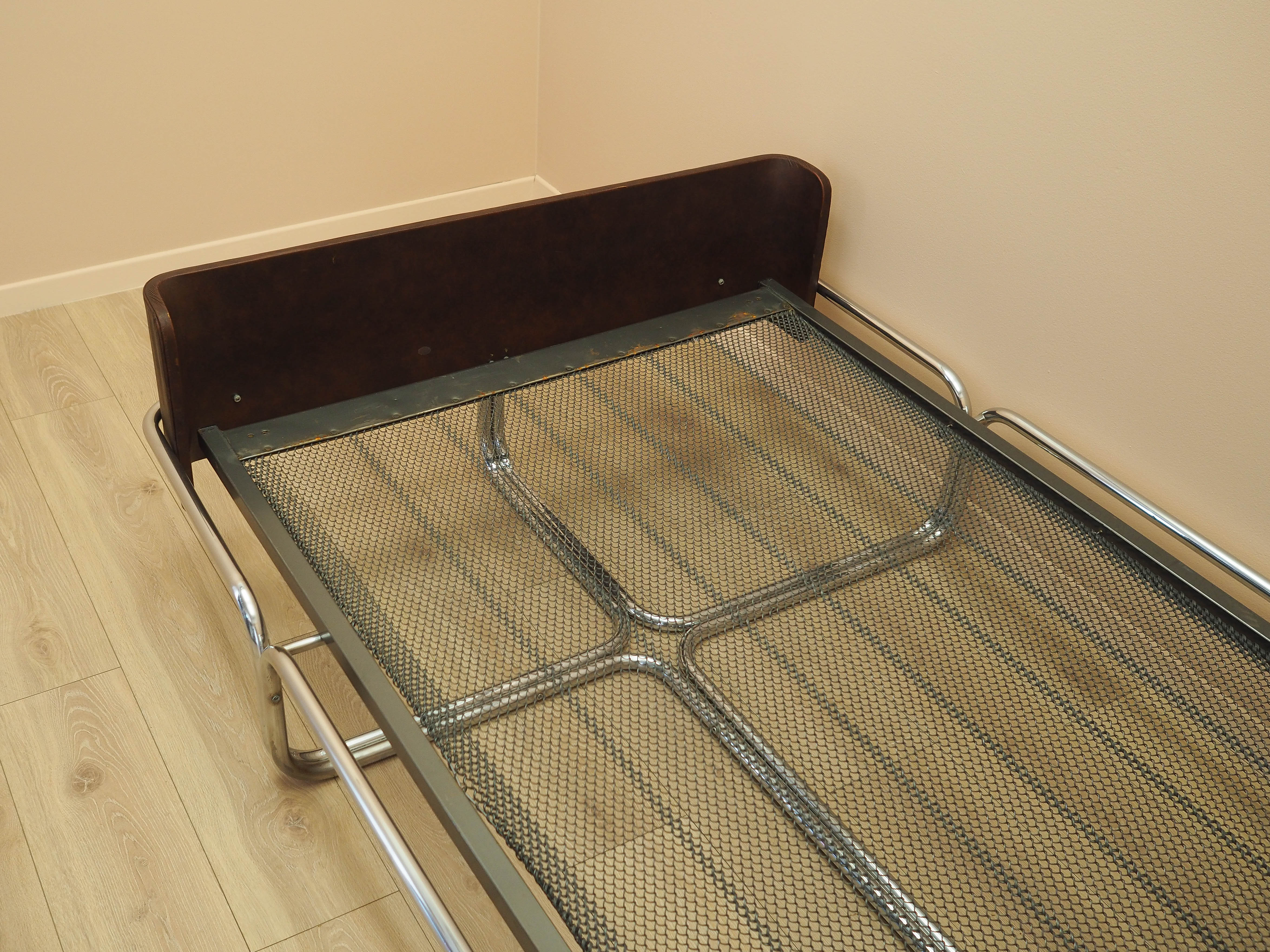 Vintage Bed Metal Frame Natural Leather Brown 1980s