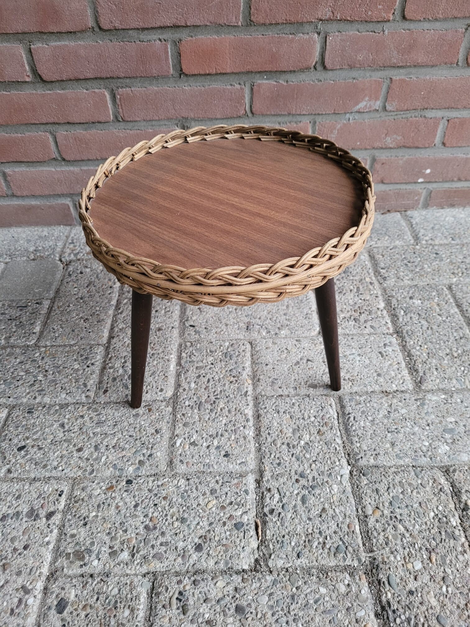 Vintage Pflanzentisch Holz Rattan Braun
