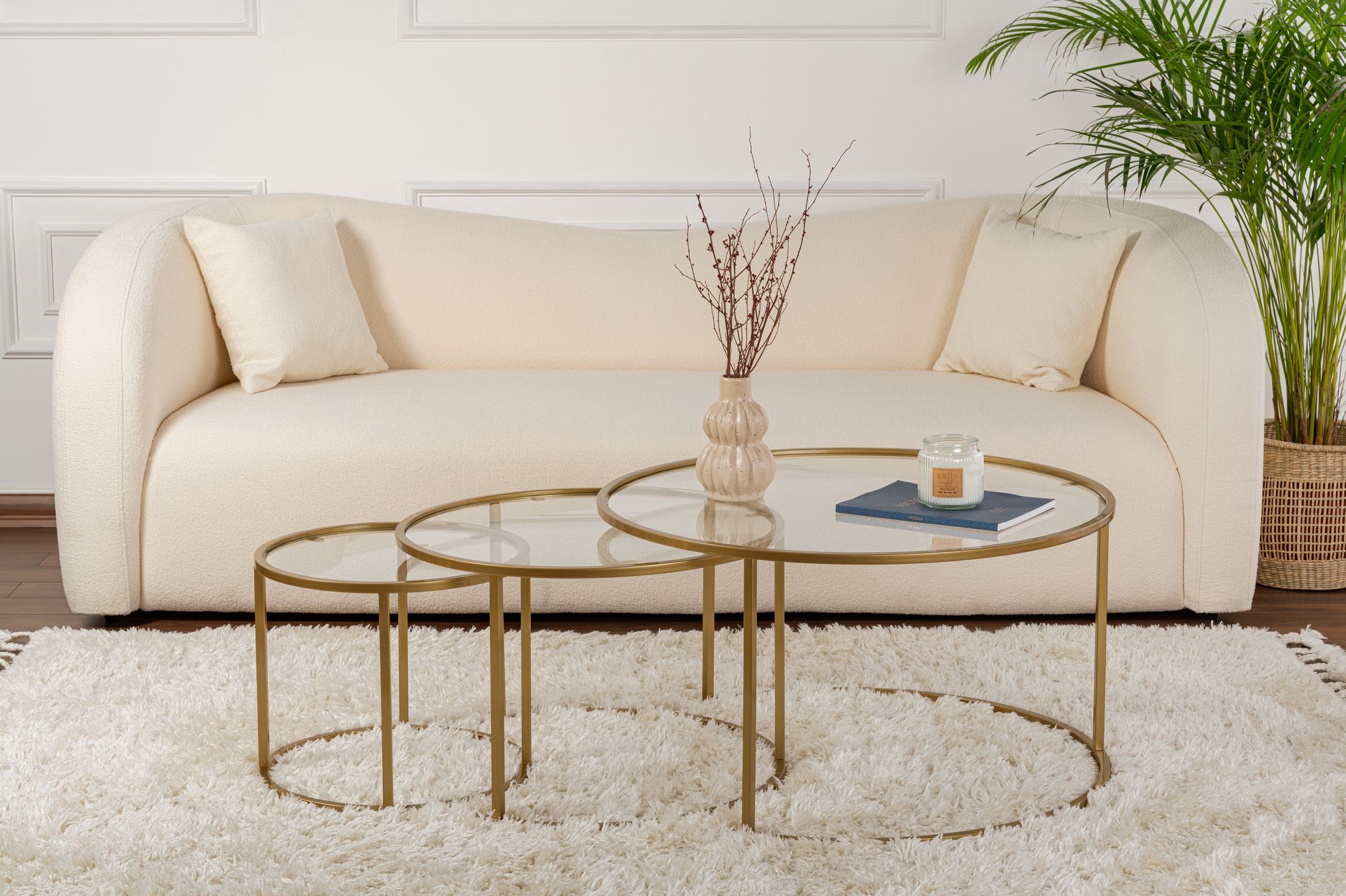 3x Gold Coffee Table Set Gold Transparent Ø80cm Ø60cm Ø42cm
