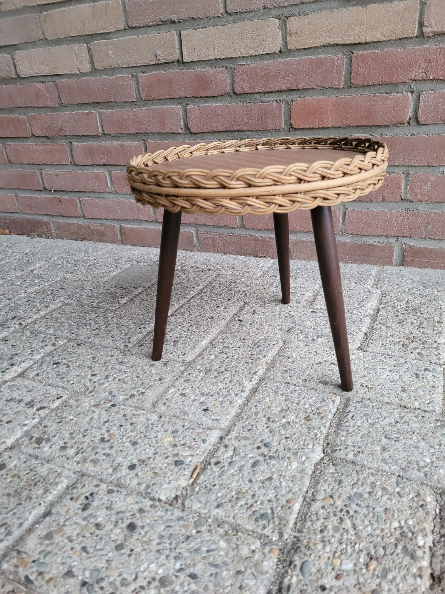 Vintage Pflanzentisch Holz Rattan Braun