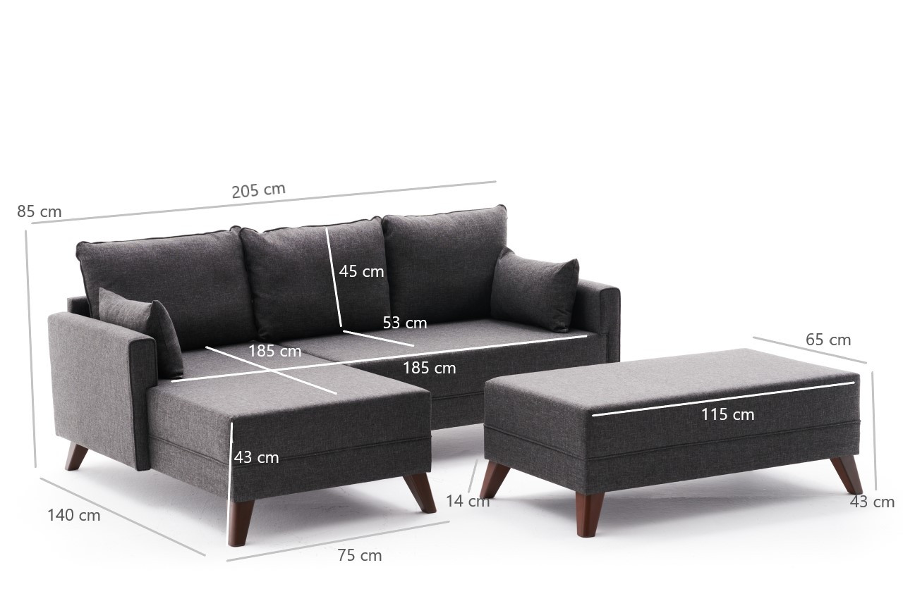 Bella Sofa Récamiere Links mit Hocker Anthrazit