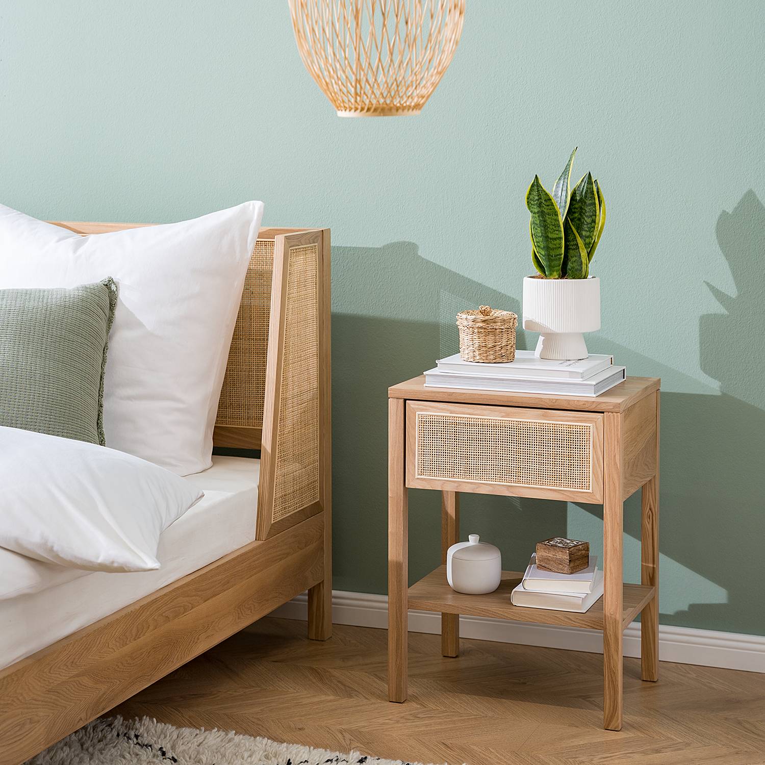 Nachttisch TAYLOR Rattan Eiche Teilmassiv Beige