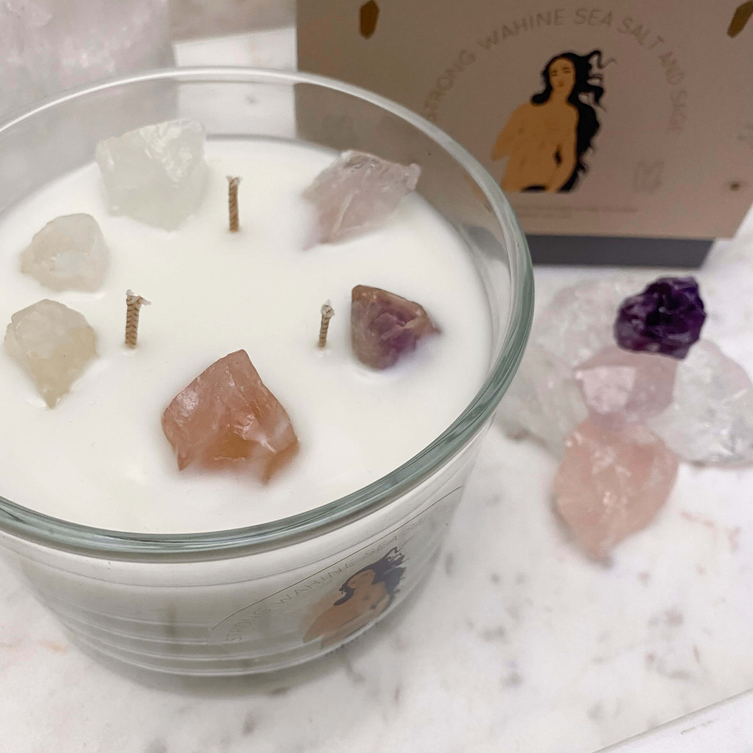 Sea Salt & Sage Scented Candle Soy Wax with Crystals White