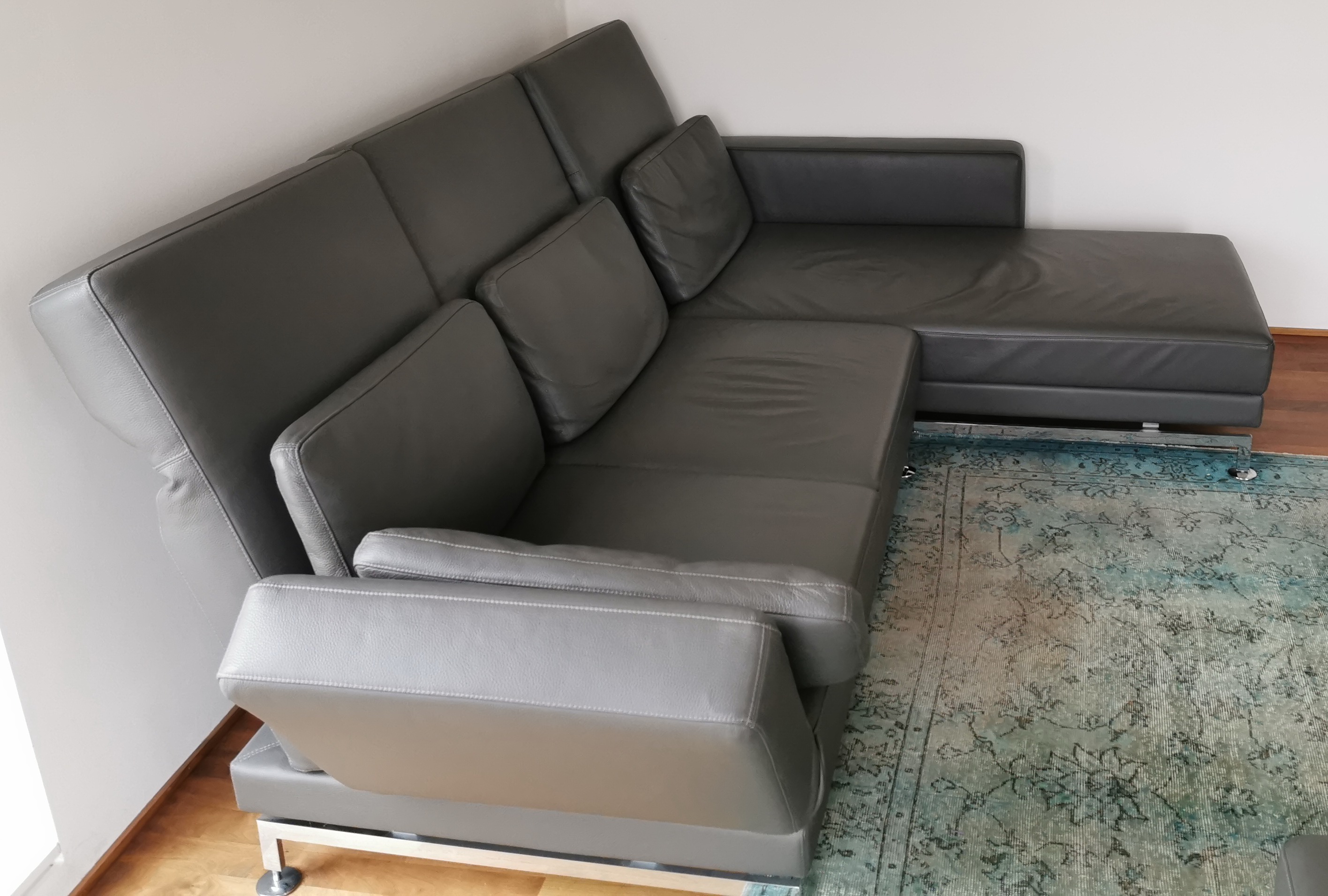 Sofa Récamiere Rechts & Hocker Leder Grau