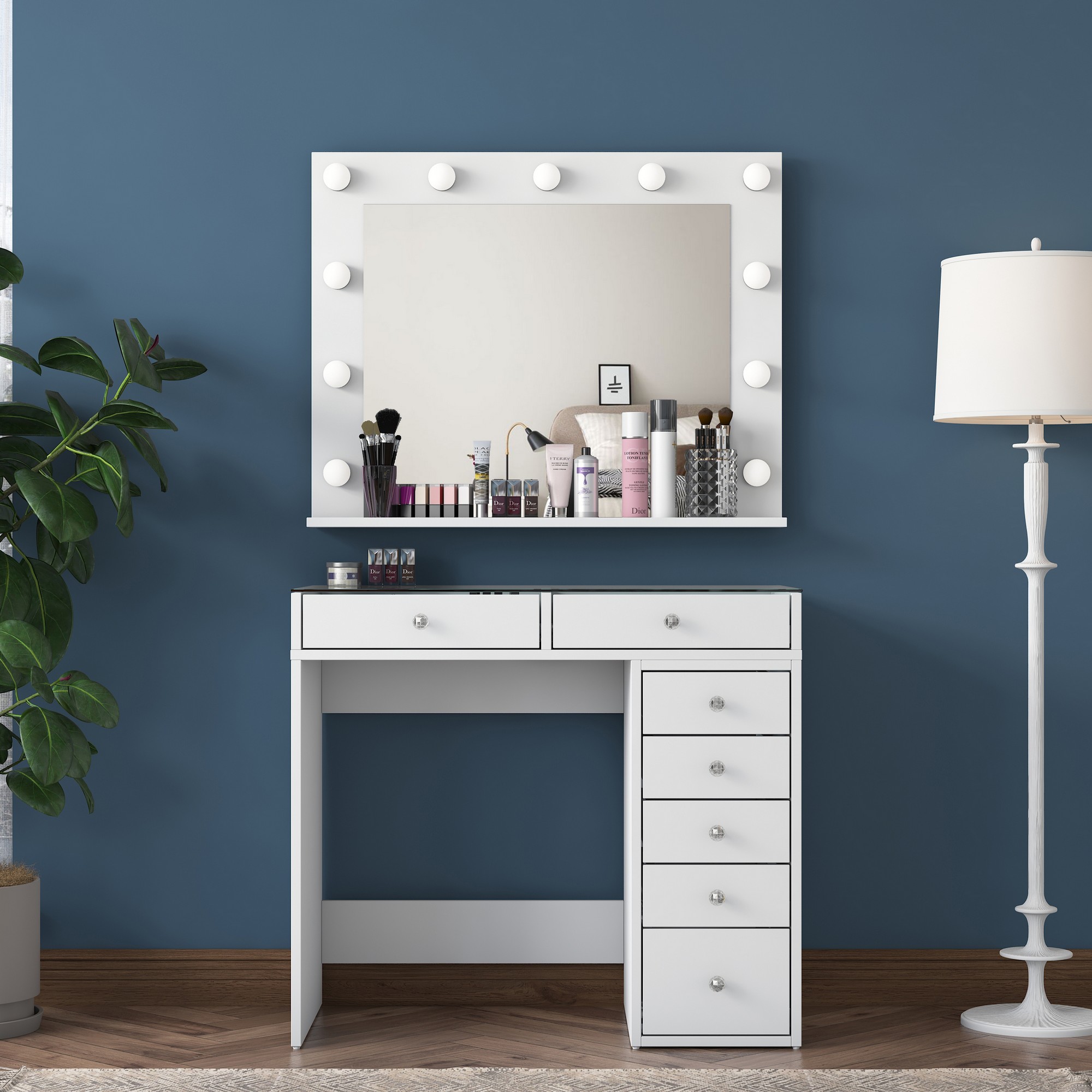 Dressing table with mirror and drawers White