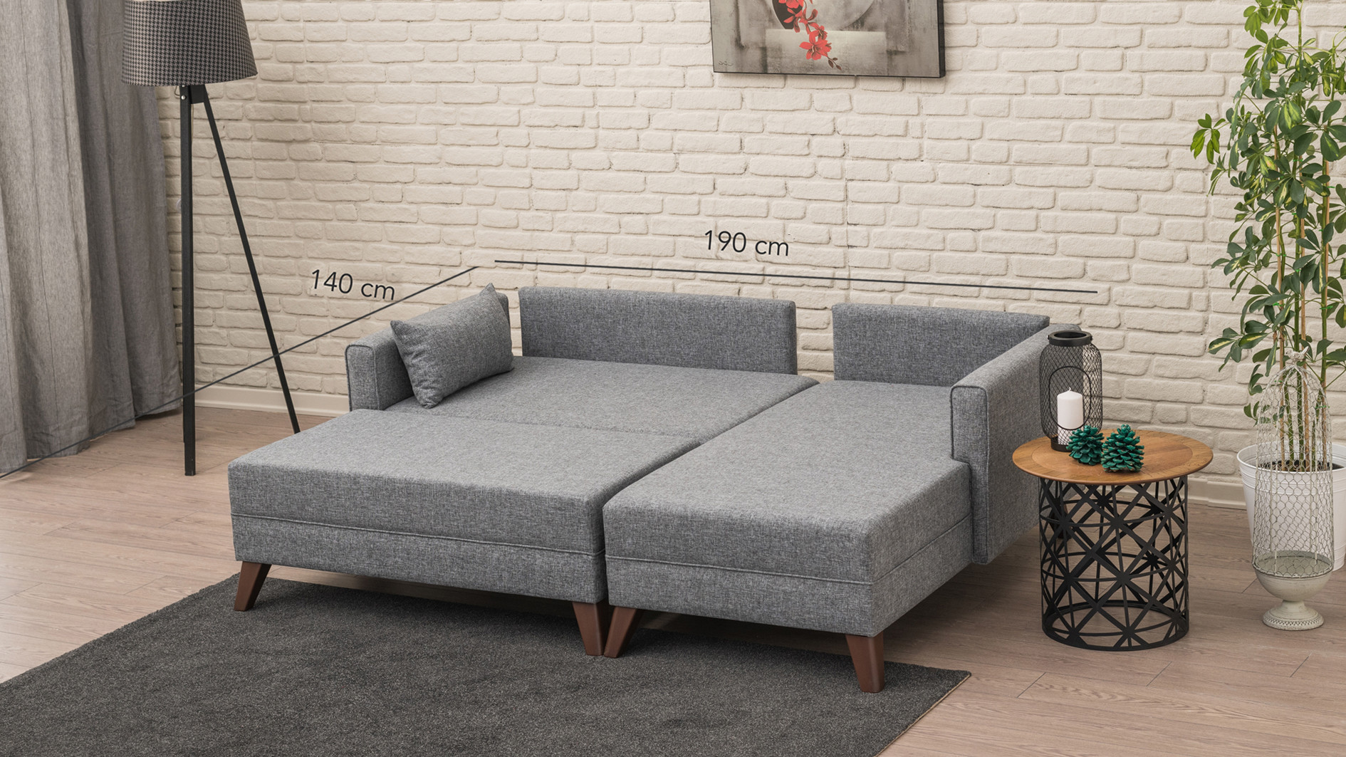 Schlafsofa Récamiere Rechts & Hocker Polyester Holz Grau