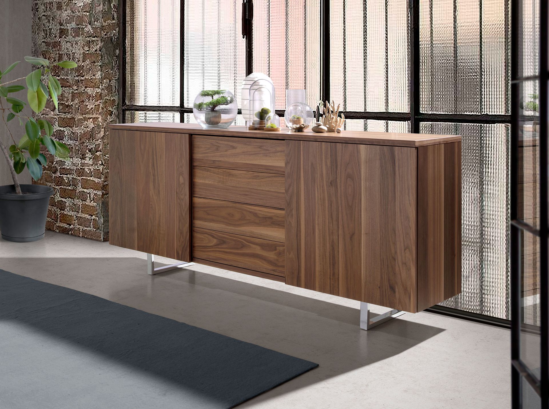 Sideboard Walnut veneer Chrome-plated steel