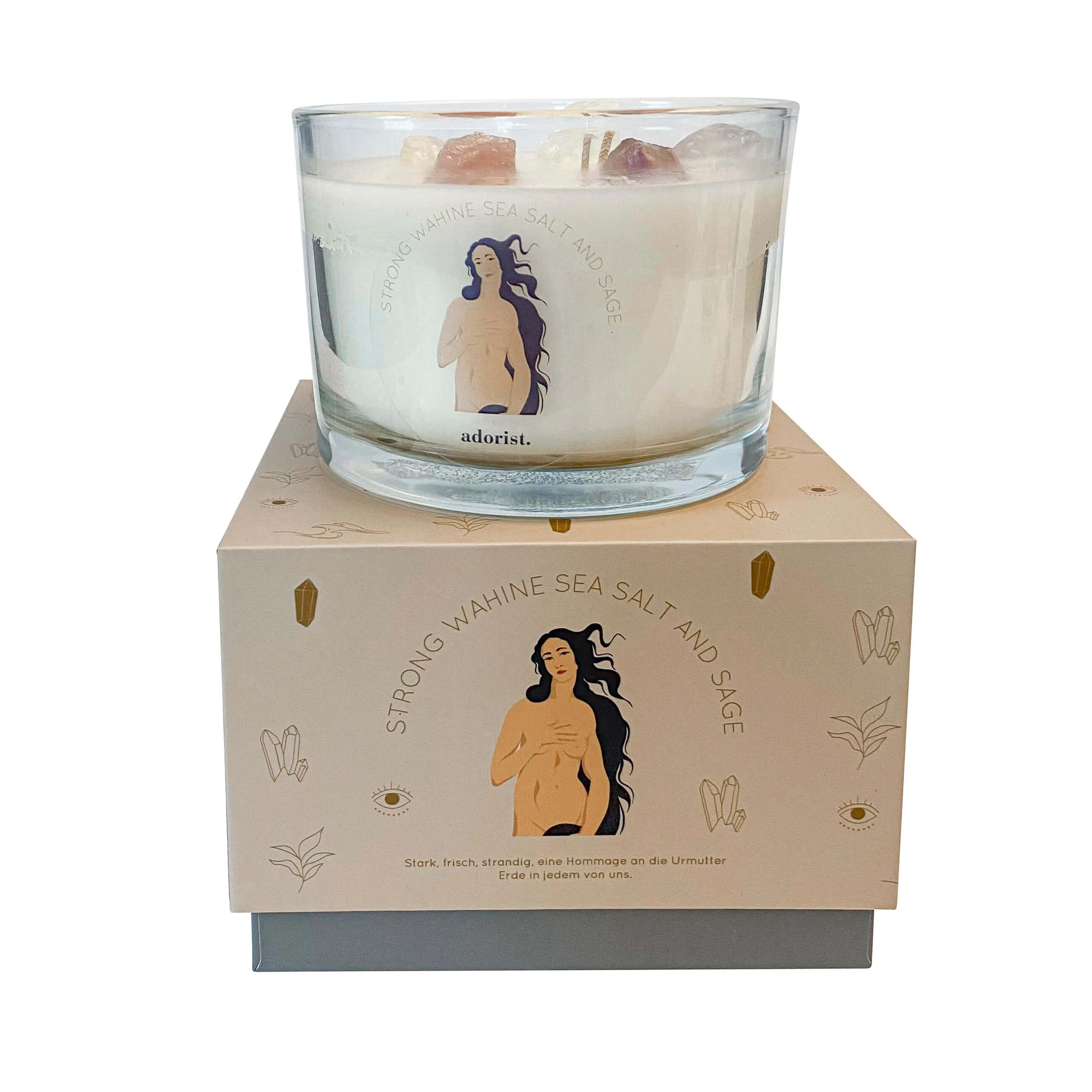 Sea Salt & Sage Scented Candle Soy Wax with Crystals White