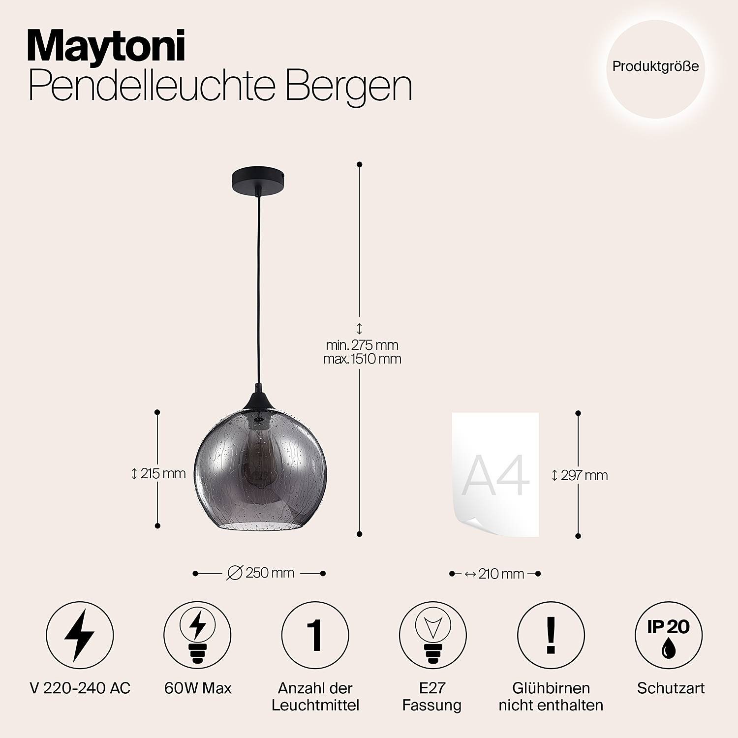 Pendelleuchte Bergen Rauchglas Metall