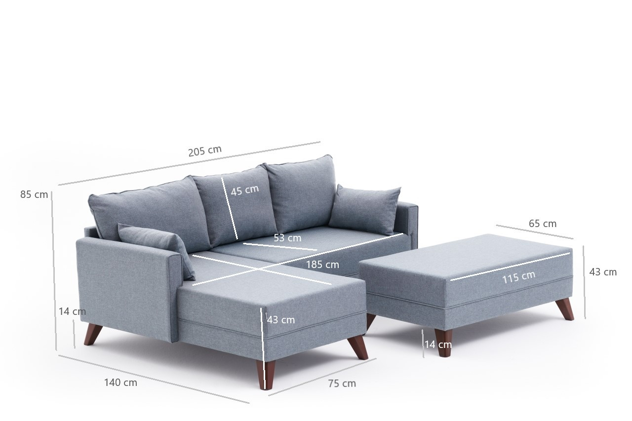 Bella Sofa Récamiere Links mit Hocker Blau