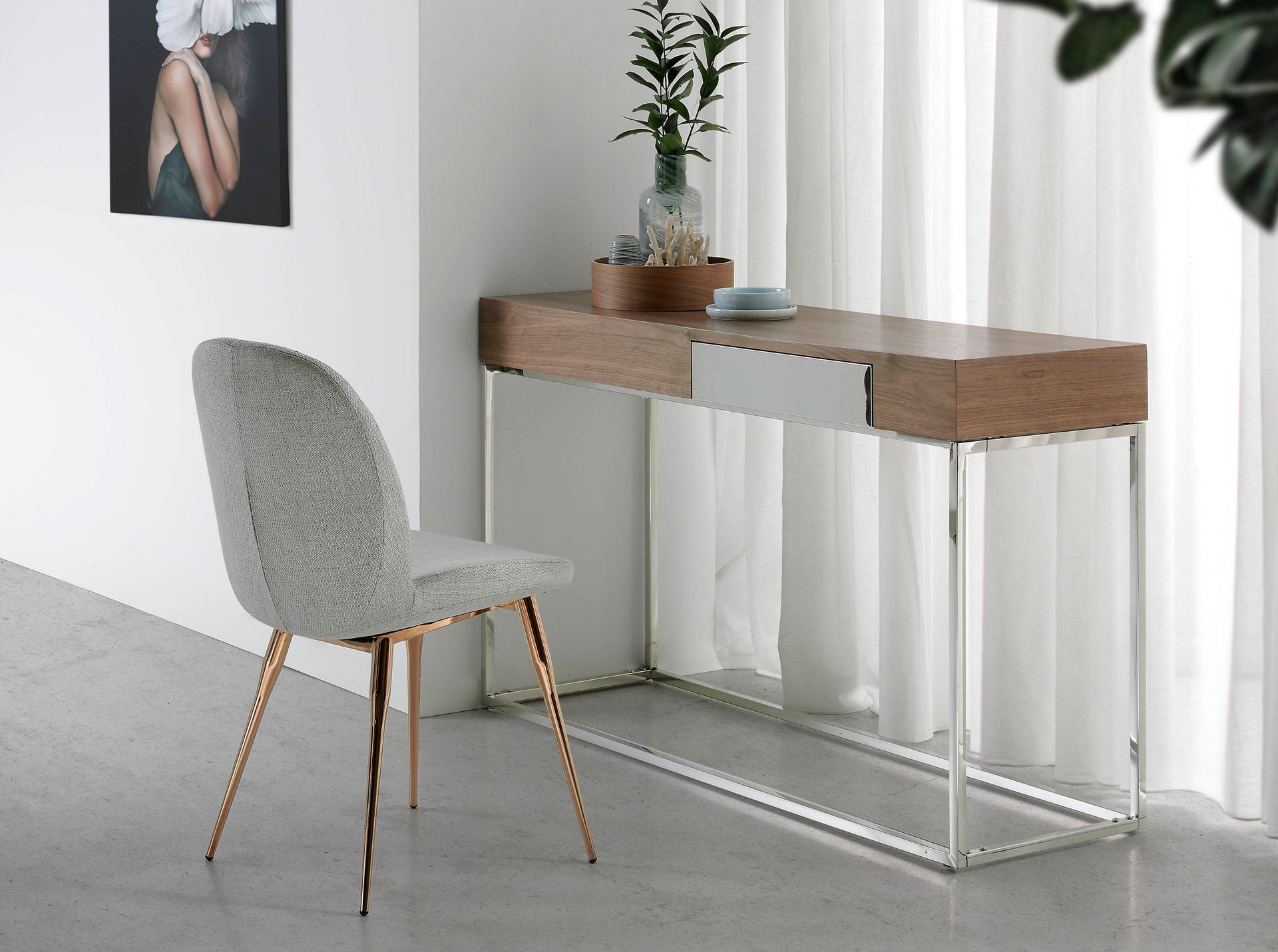 Console table walnut veneer stainless steel brown