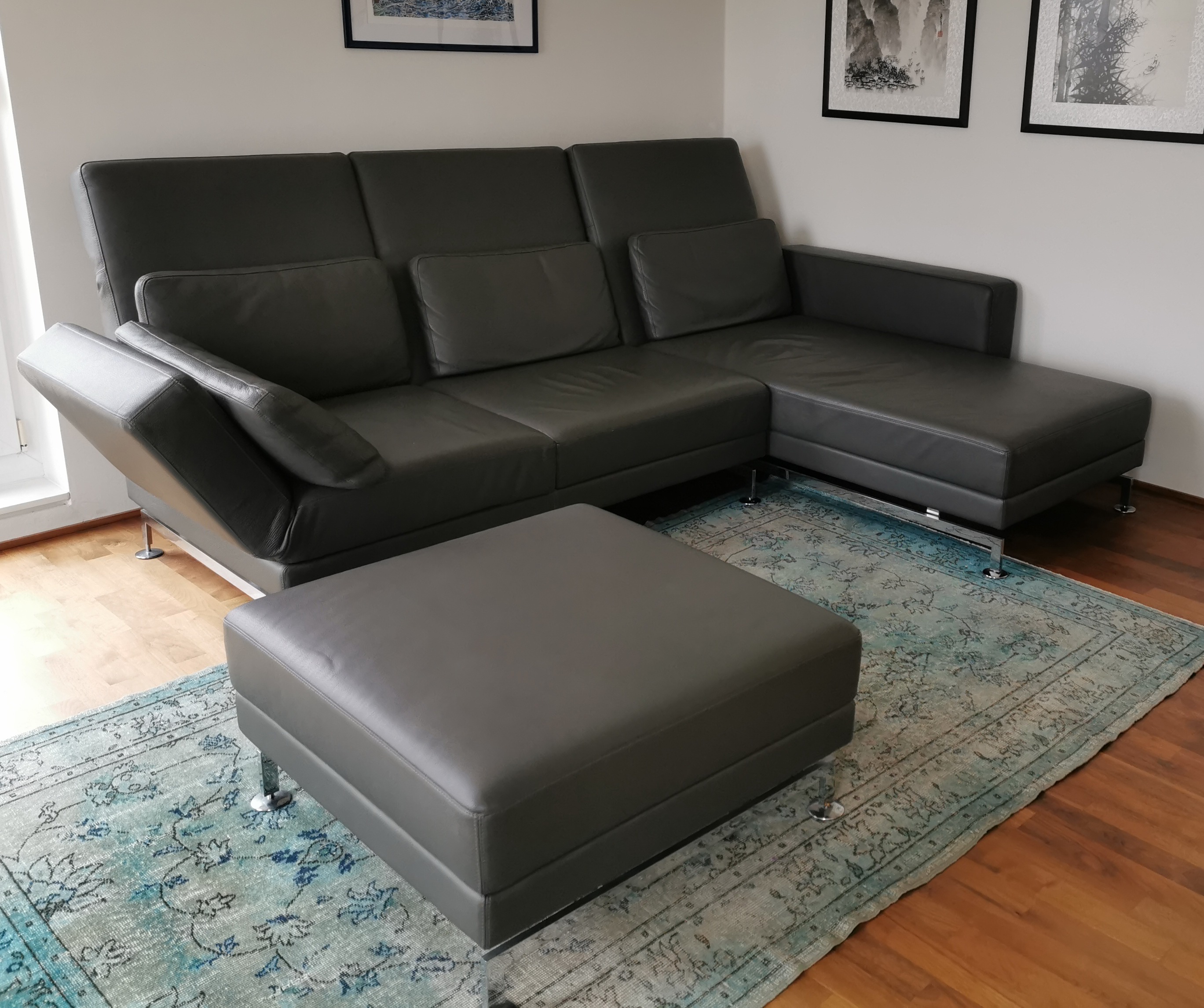 Sofa Récamiere Rechts & Hocker Leder Grau